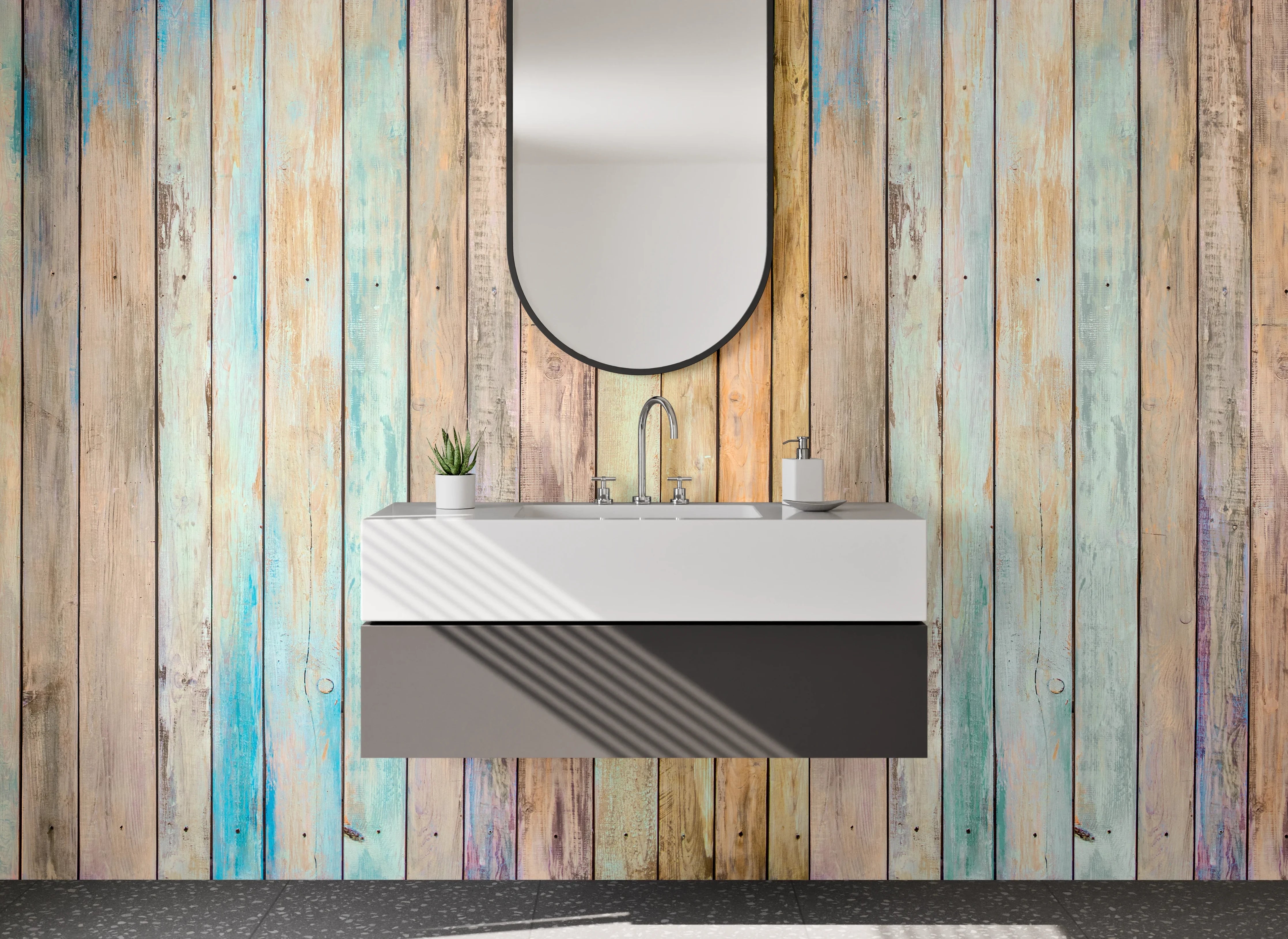 Waschbecken-Rückwand - Vintage Holzoptik bunt Pastell
