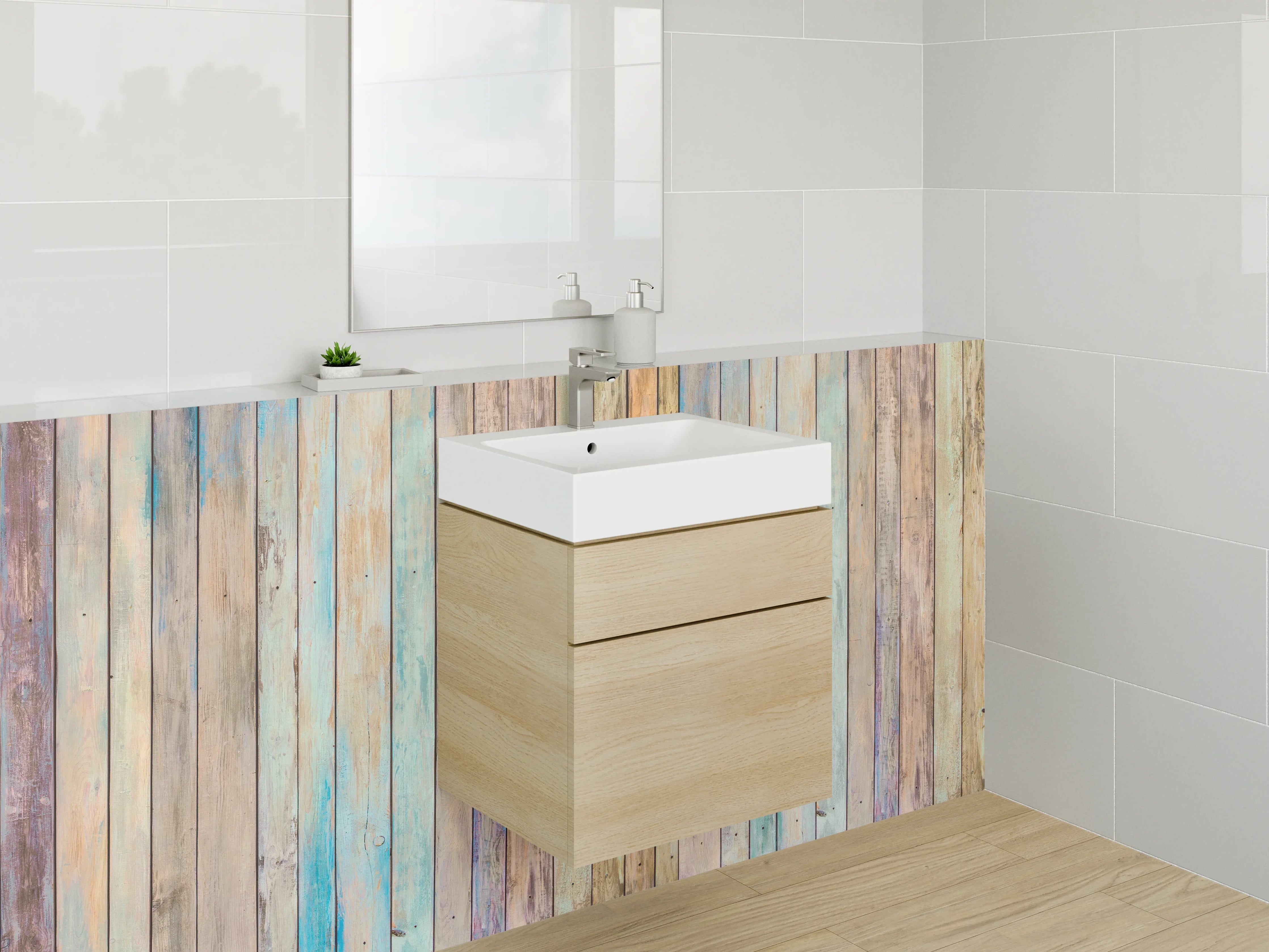 Waschbecken-Rückwand - Vintage Holzoptik bunt Pastell