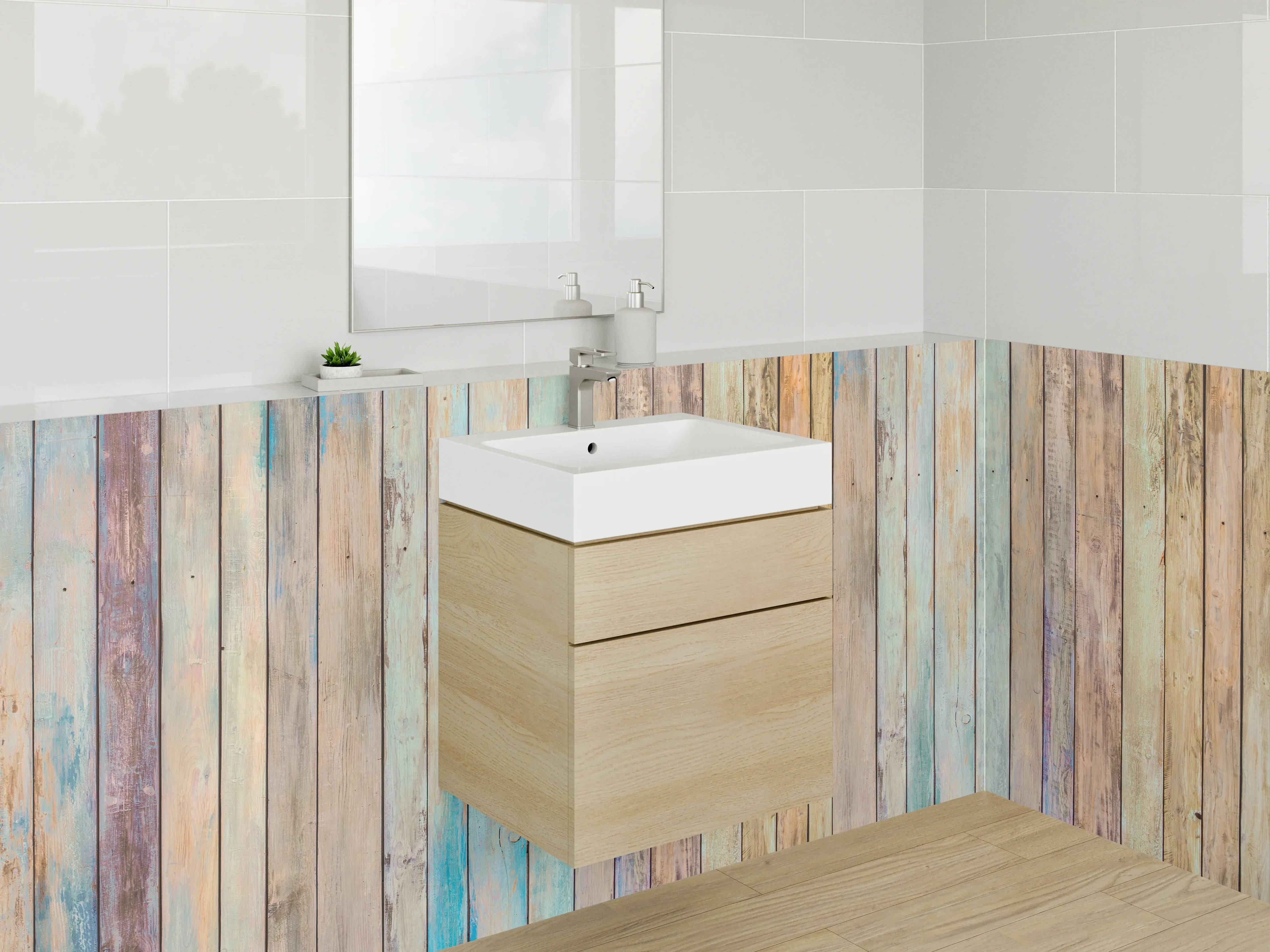 Waschbecken-Rückwand - Vintage Holzoptik bunt Pastell