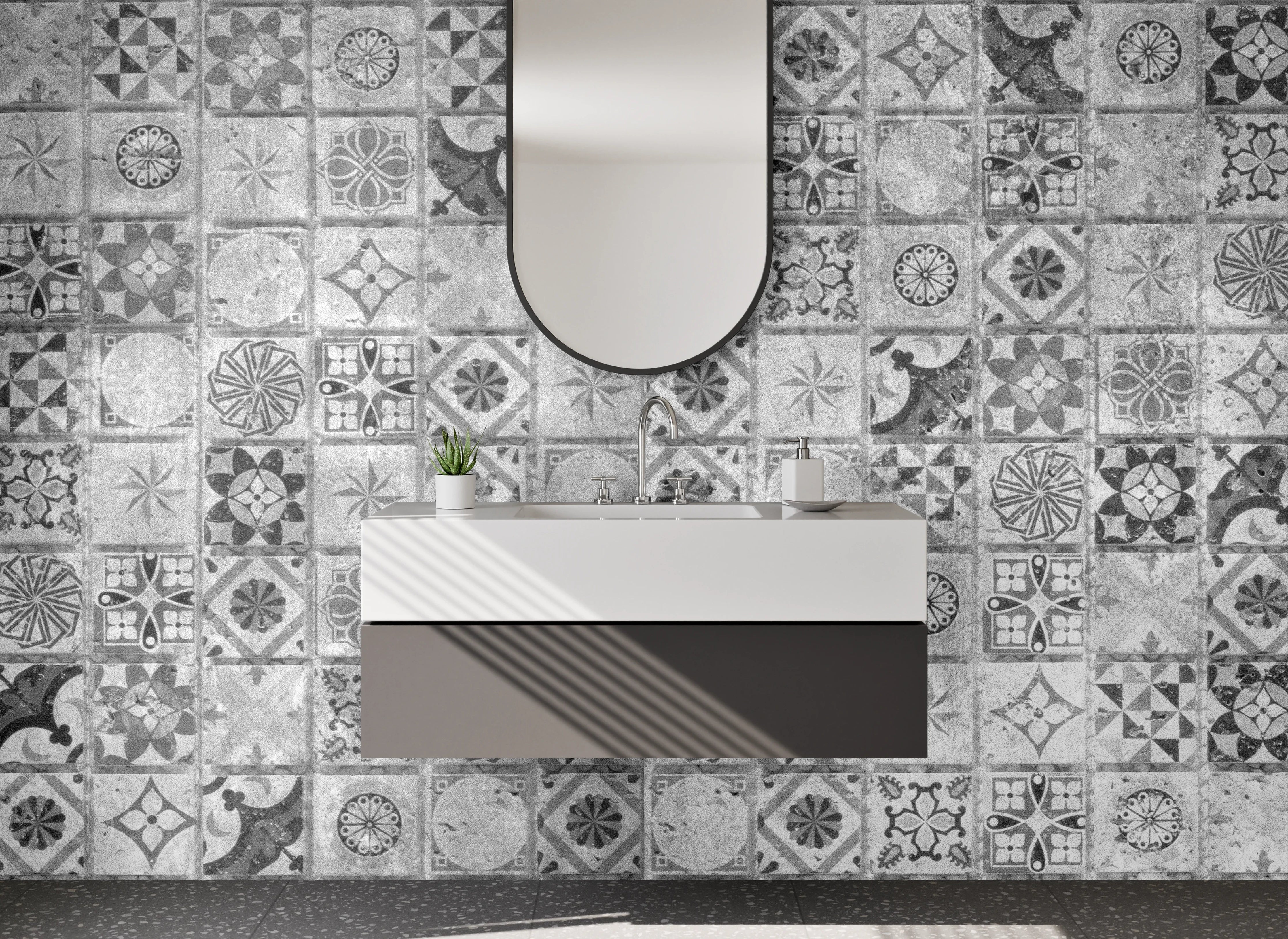 Waschbecken-Rückwand - Vintage Mosaik Fliesen Schwarz-Weiß