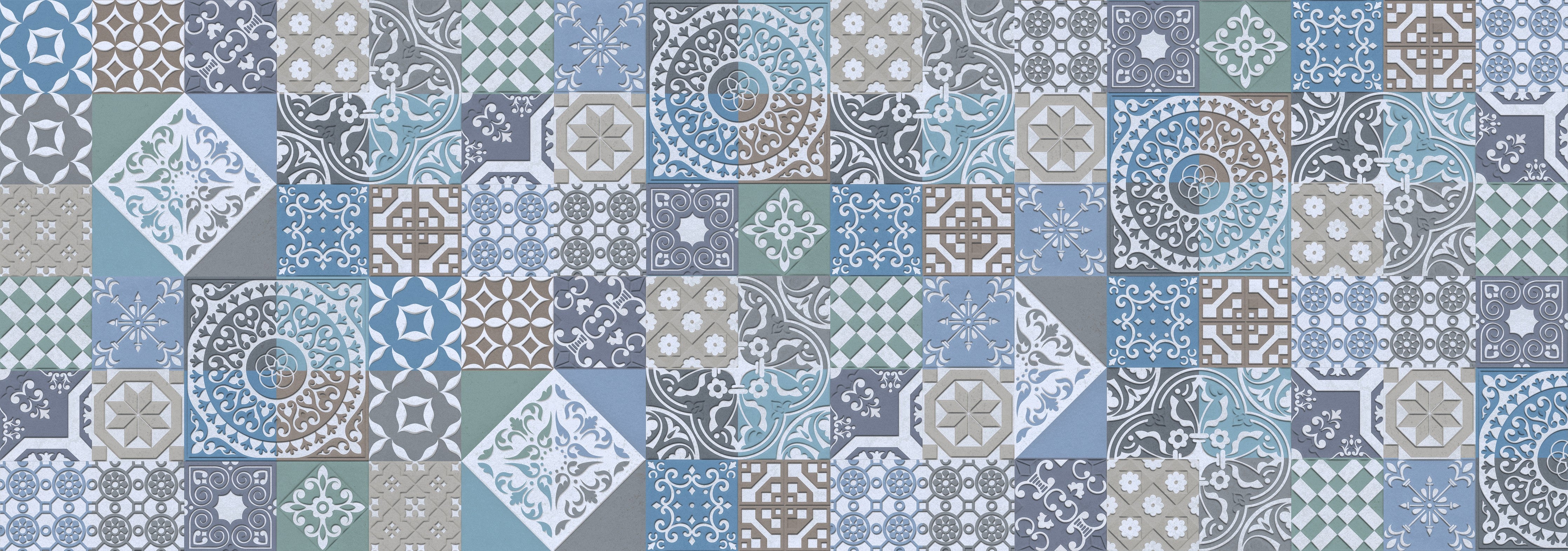 Waschbecken-Rückwand-Vintage Mosaikfliesen blau grau beige