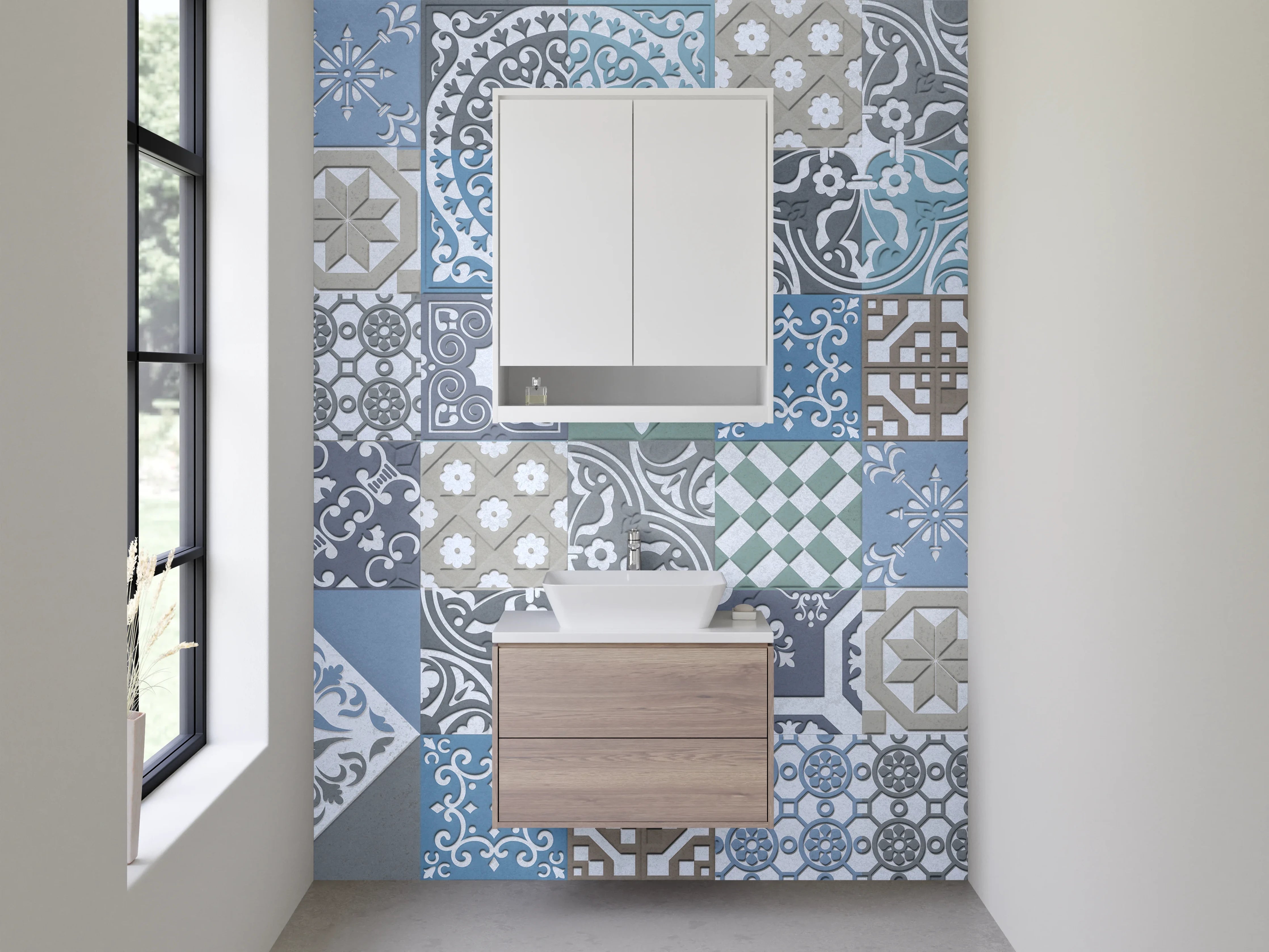 Waschbecken-Rückwand - Vintage Mosaikfliesen blau grau beige
