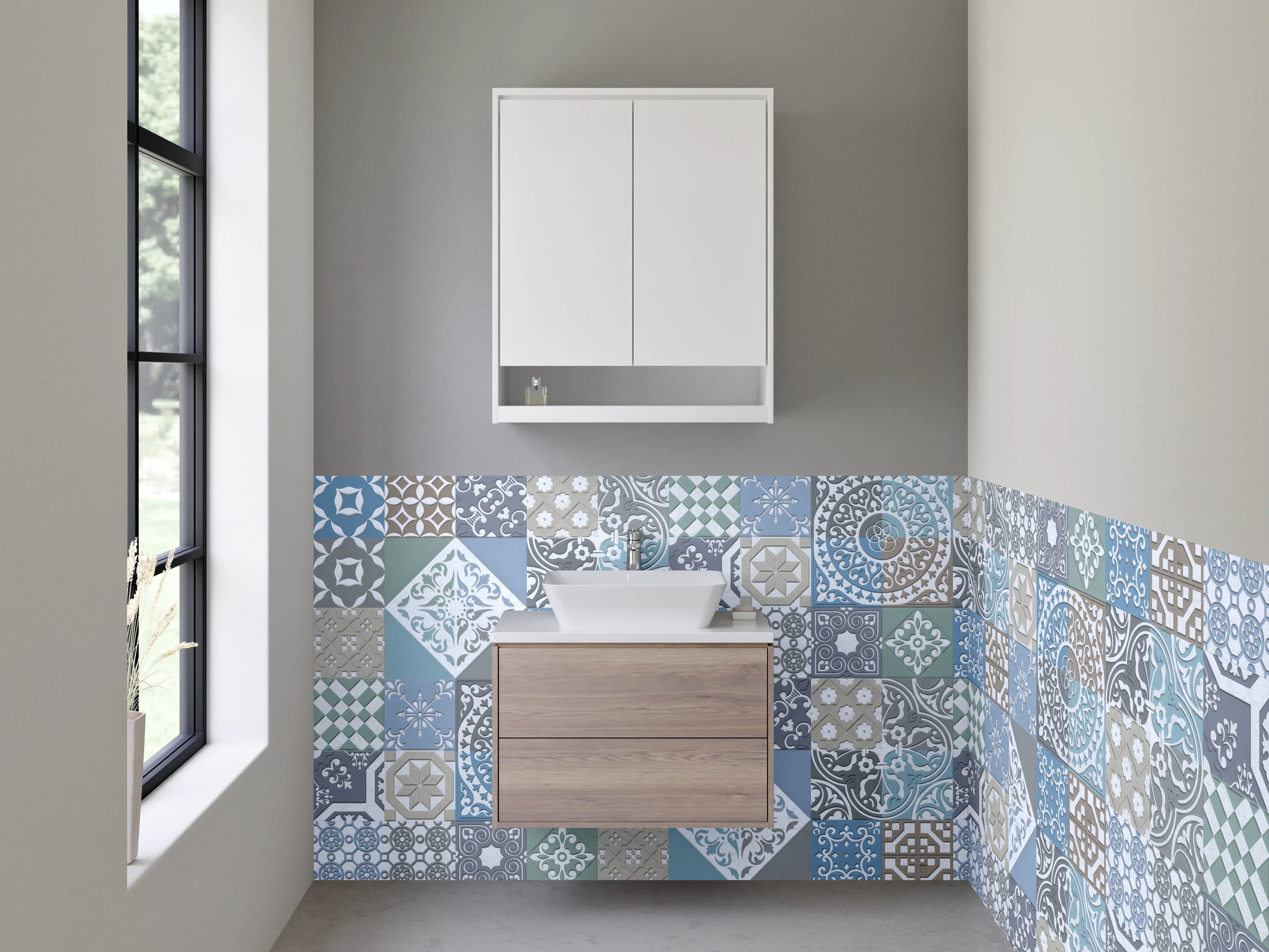 Waschbecken-Rückwand - Vintage Mosaikfliesen blau grau beige