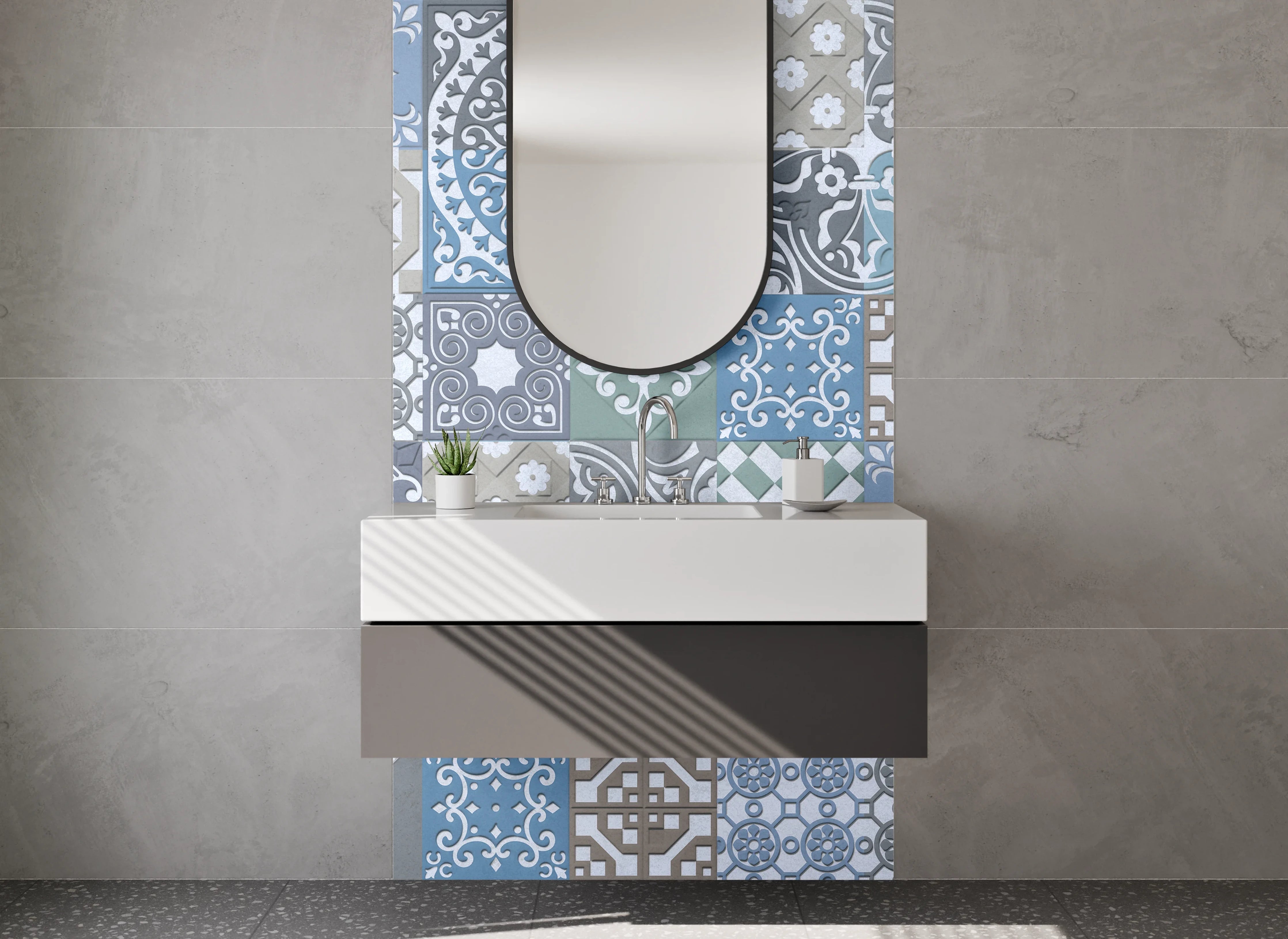 Waschbecken-Rückwand - Vintage Mosaikfliesen blau grau beige