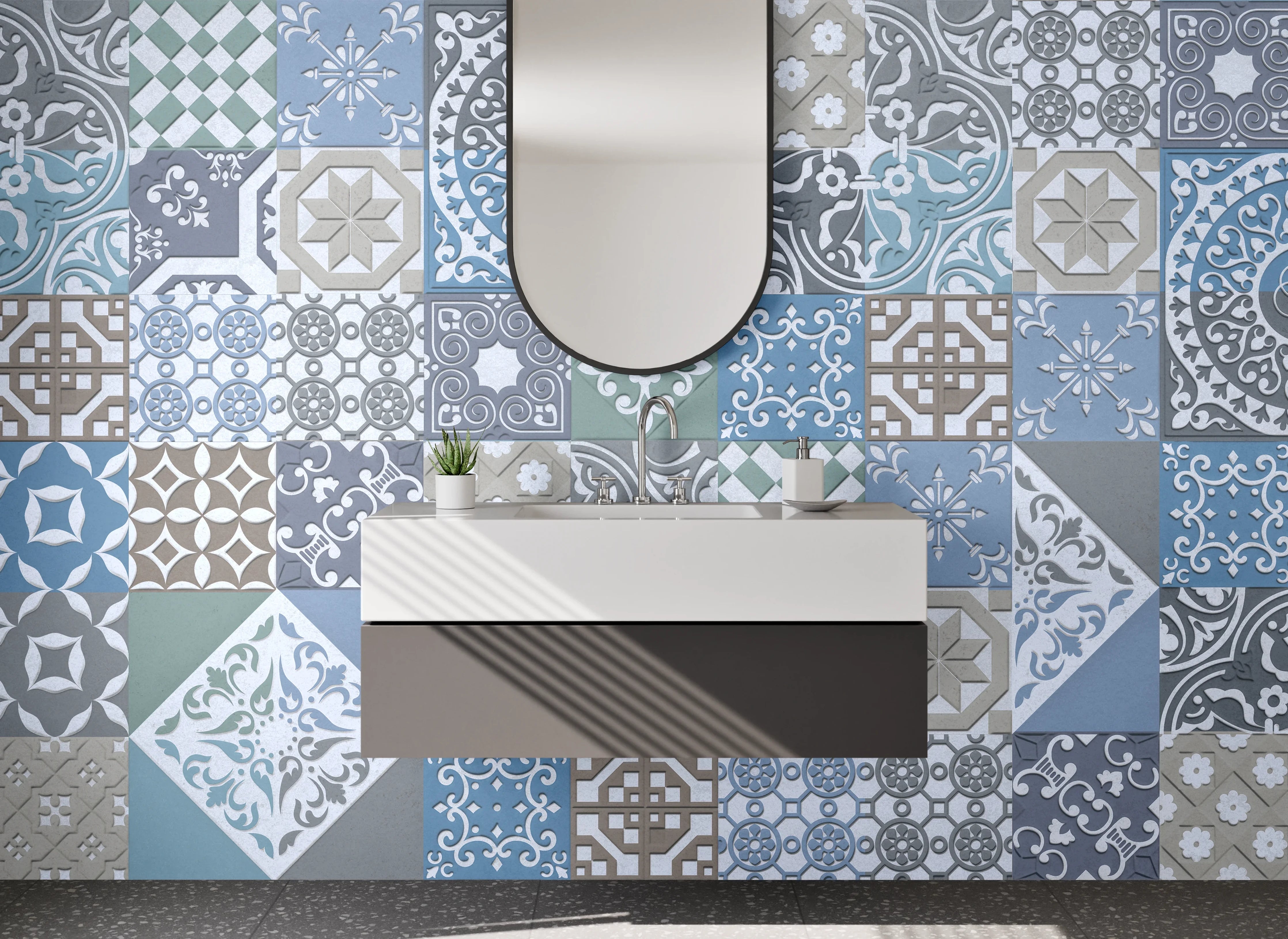Waschbecken-Rückwand - Vintage Mosaikfliesen blau grau beige