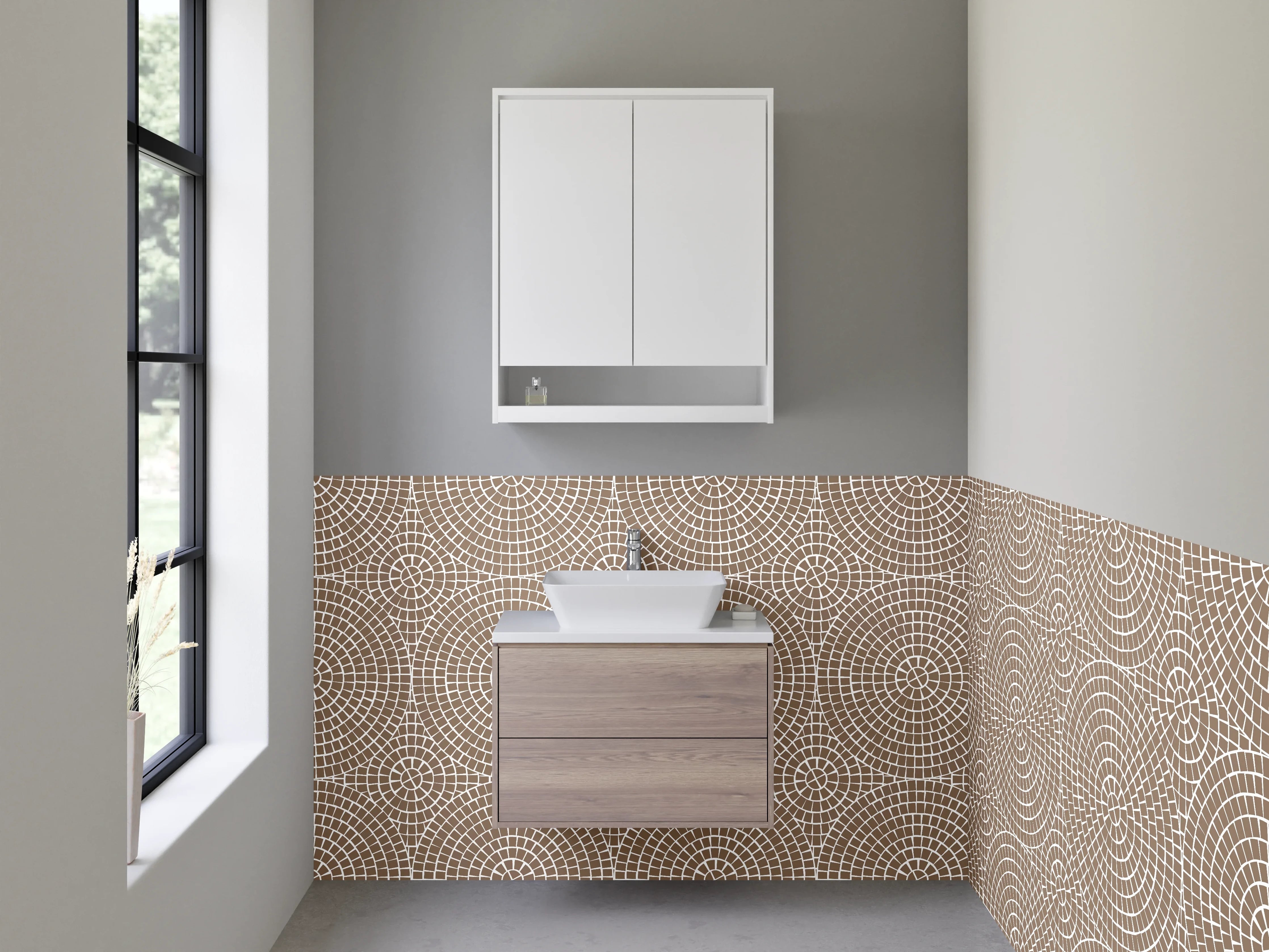 Waschbecken-Rückwand - Vintage-Muster Braun Grau Weiß