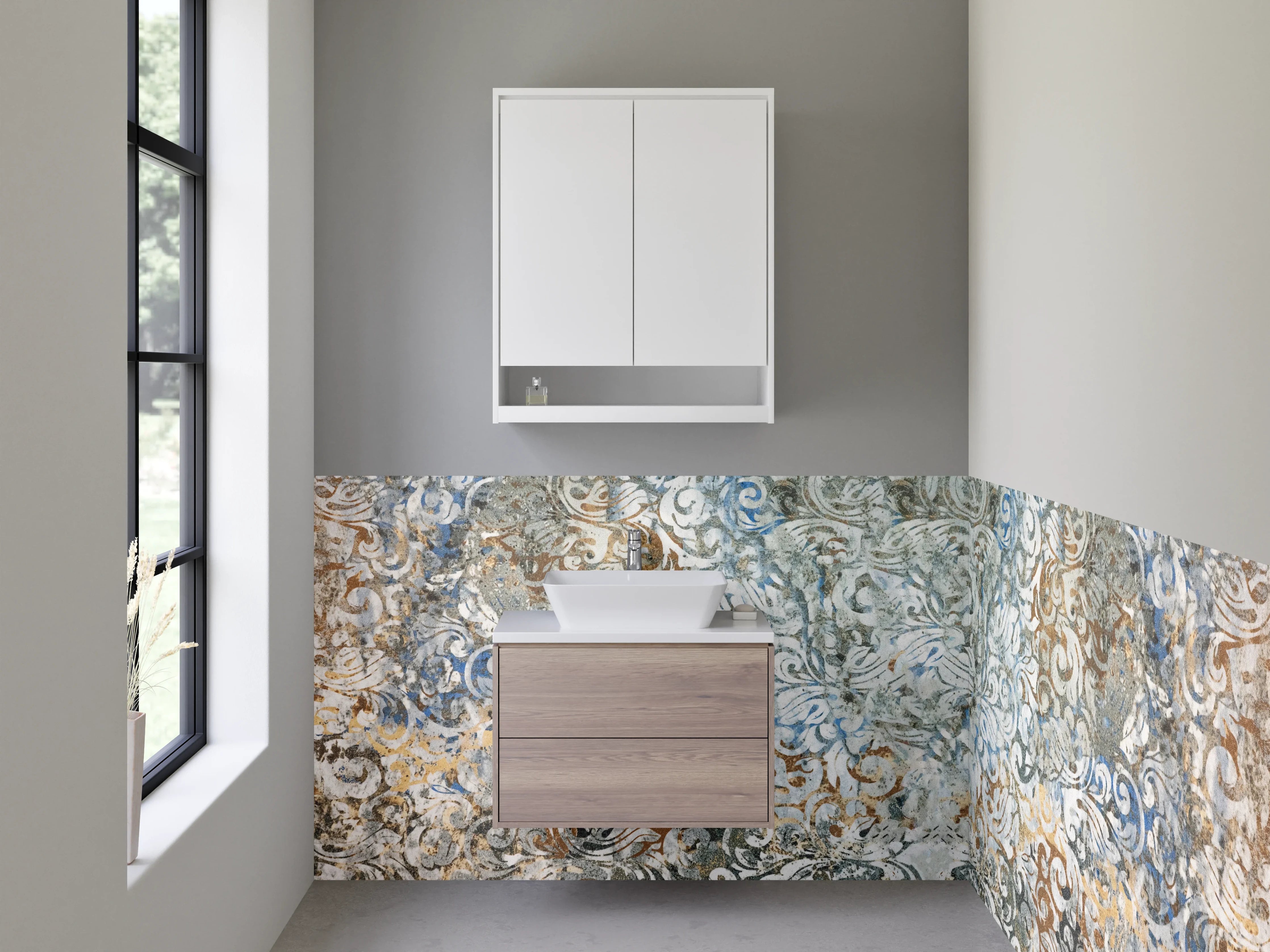 Waschbecken-Rückwand - Vintage-Muster mit Blau- und Beigetönen