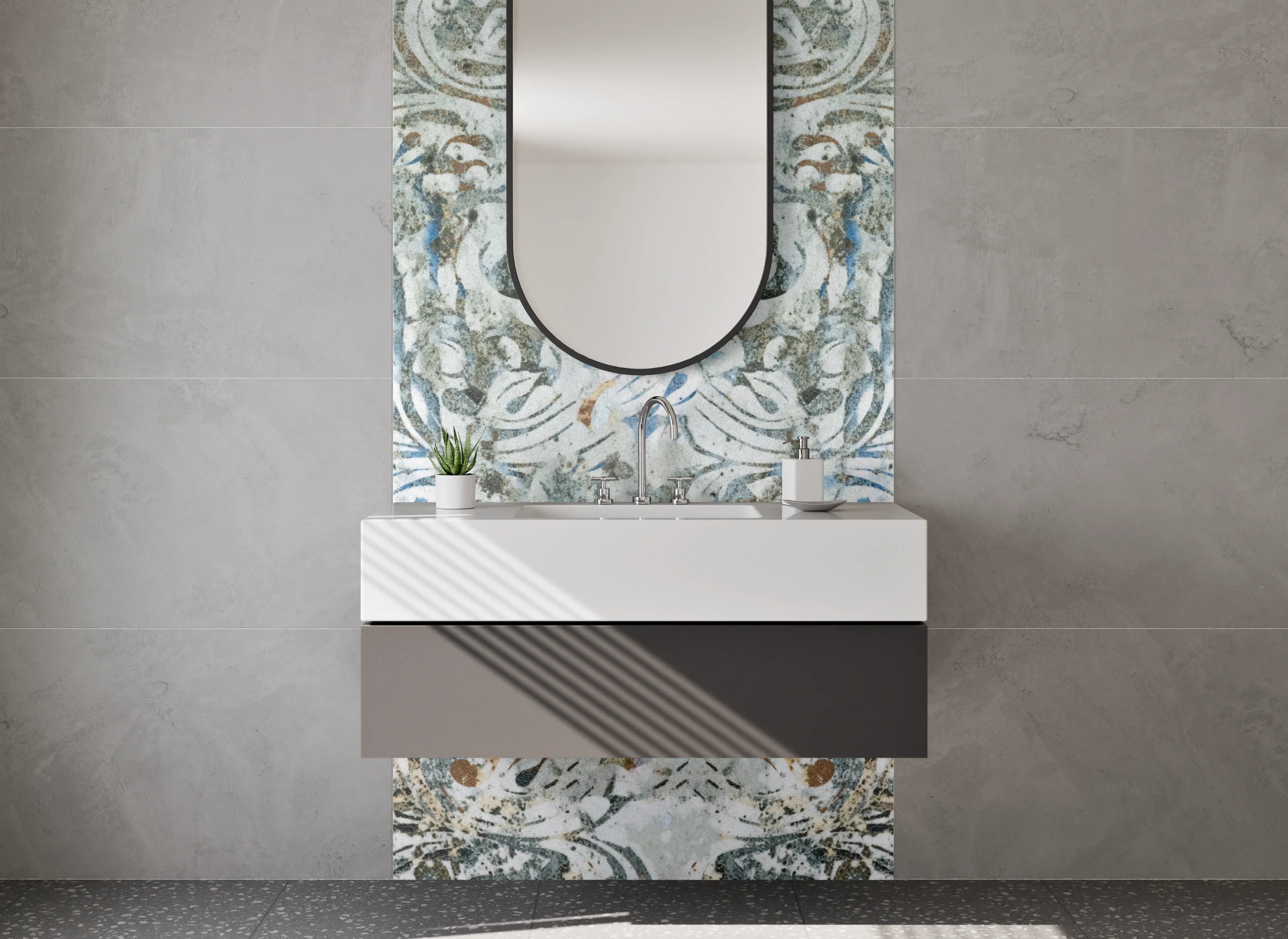 Waschbecken-Rückwand - Vintage-Muster mit Blau- und Beigetönen