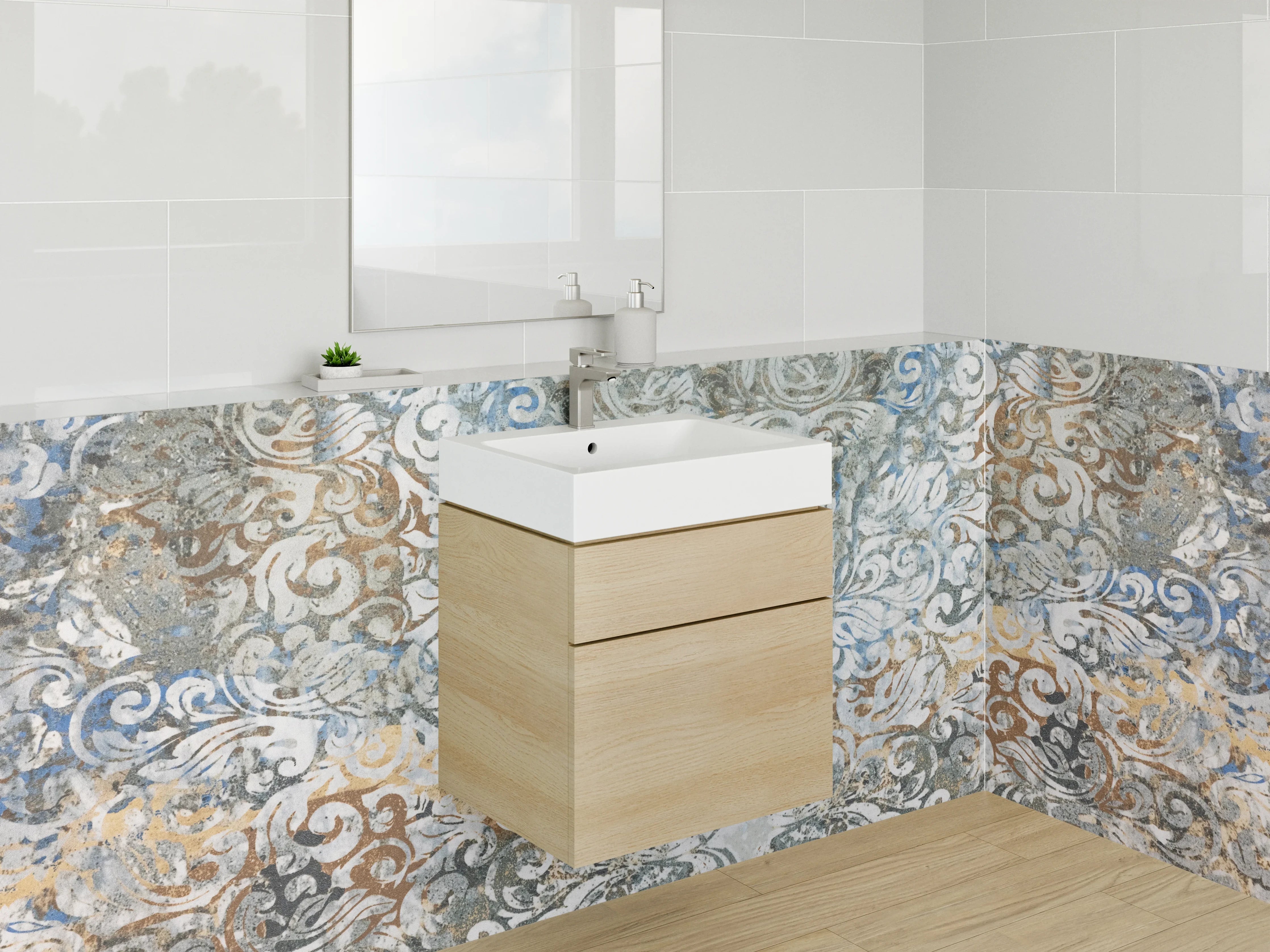 Waschbecken-Rückwand - Vintage-Muster mit Blau- und Beigetönen