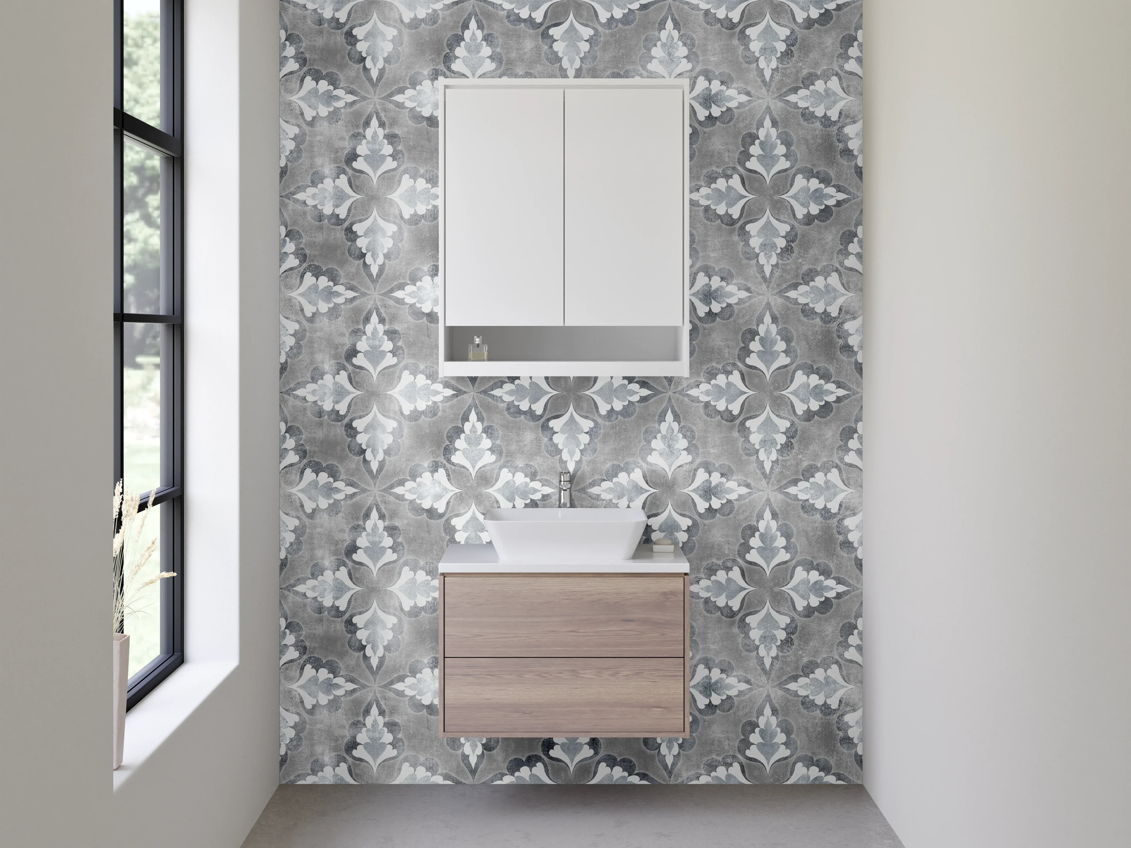 Waschbecken-Rückwand - Vintage Ornament Fliesenmuster Grau-Weiß