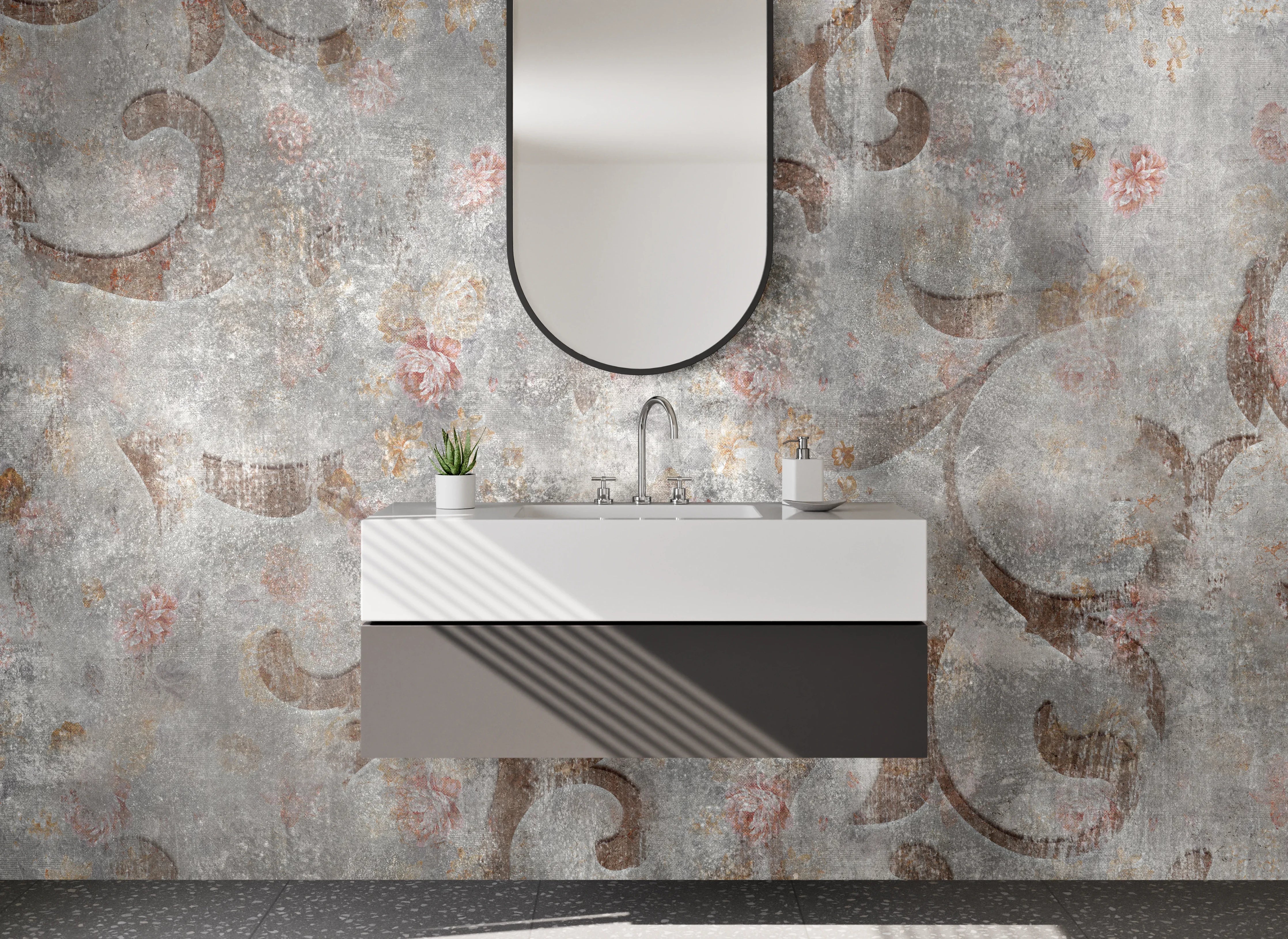 Waschbecken-Rückwand - Vintage Ornament Muster Beige Grau
