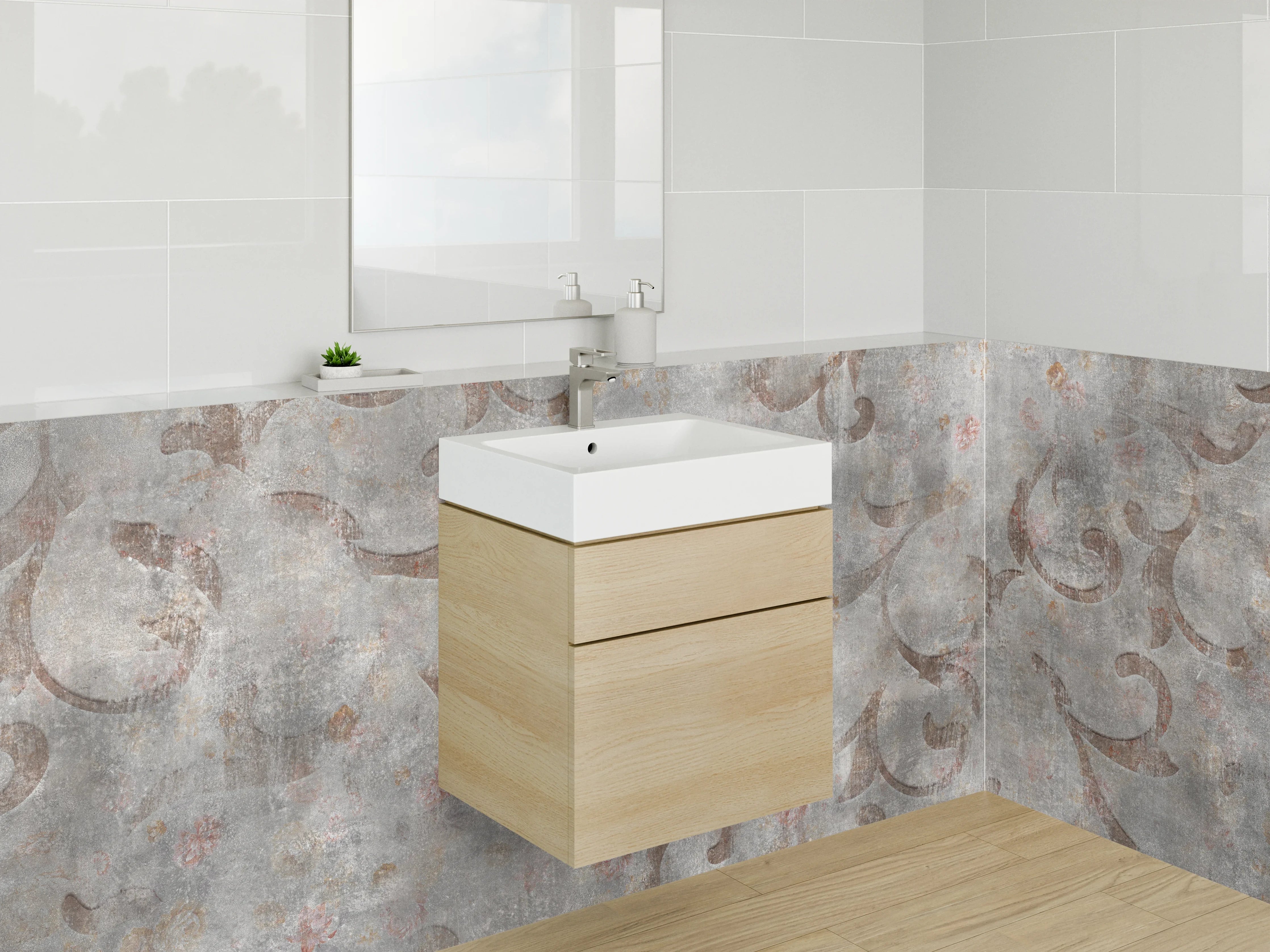 Waschbecken-Rückwand - Vintage Ornament Muster Beige Grau