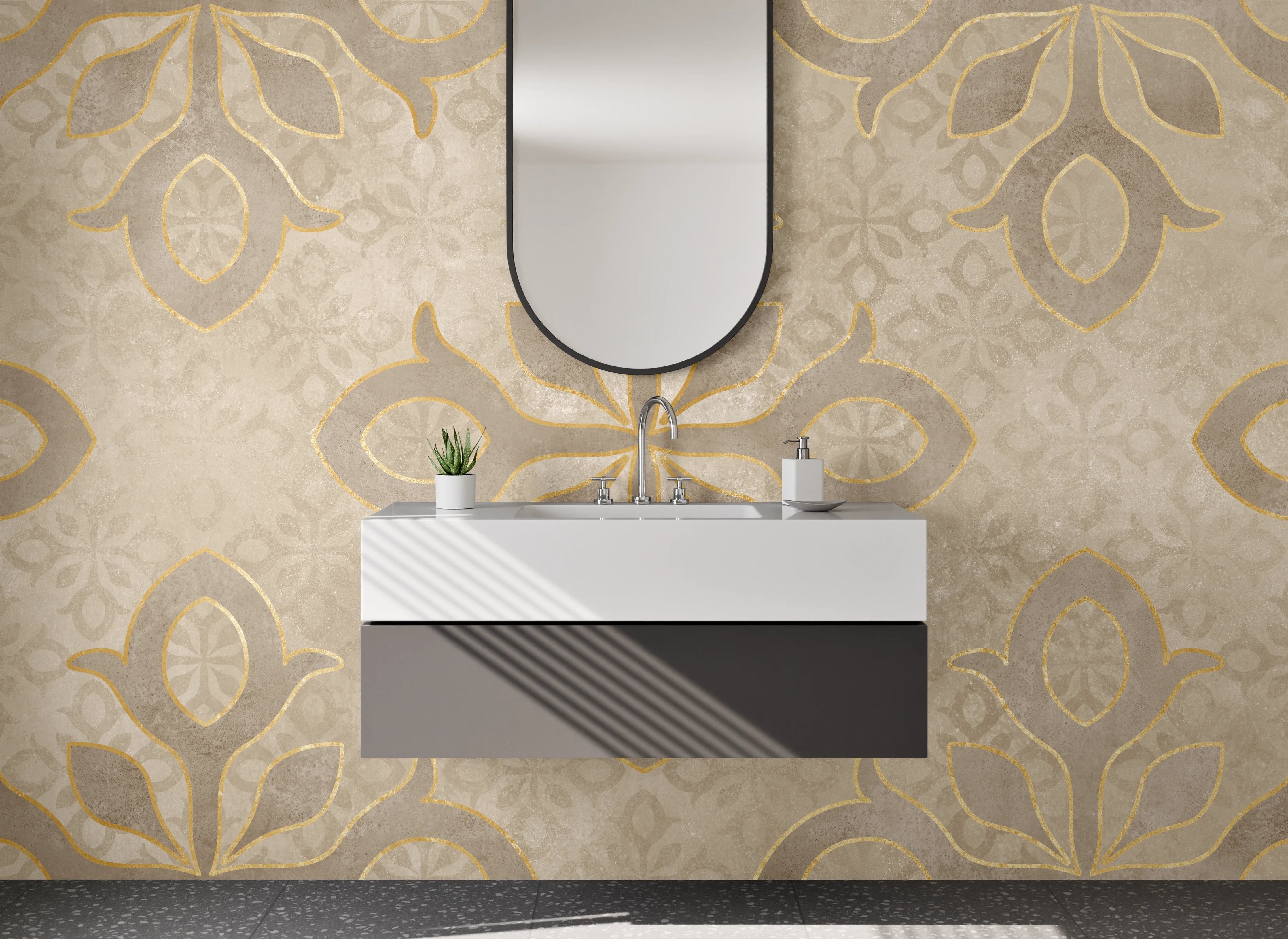 Waschbecken-Rückwand - Vintage Ornament Muster Braun Beige