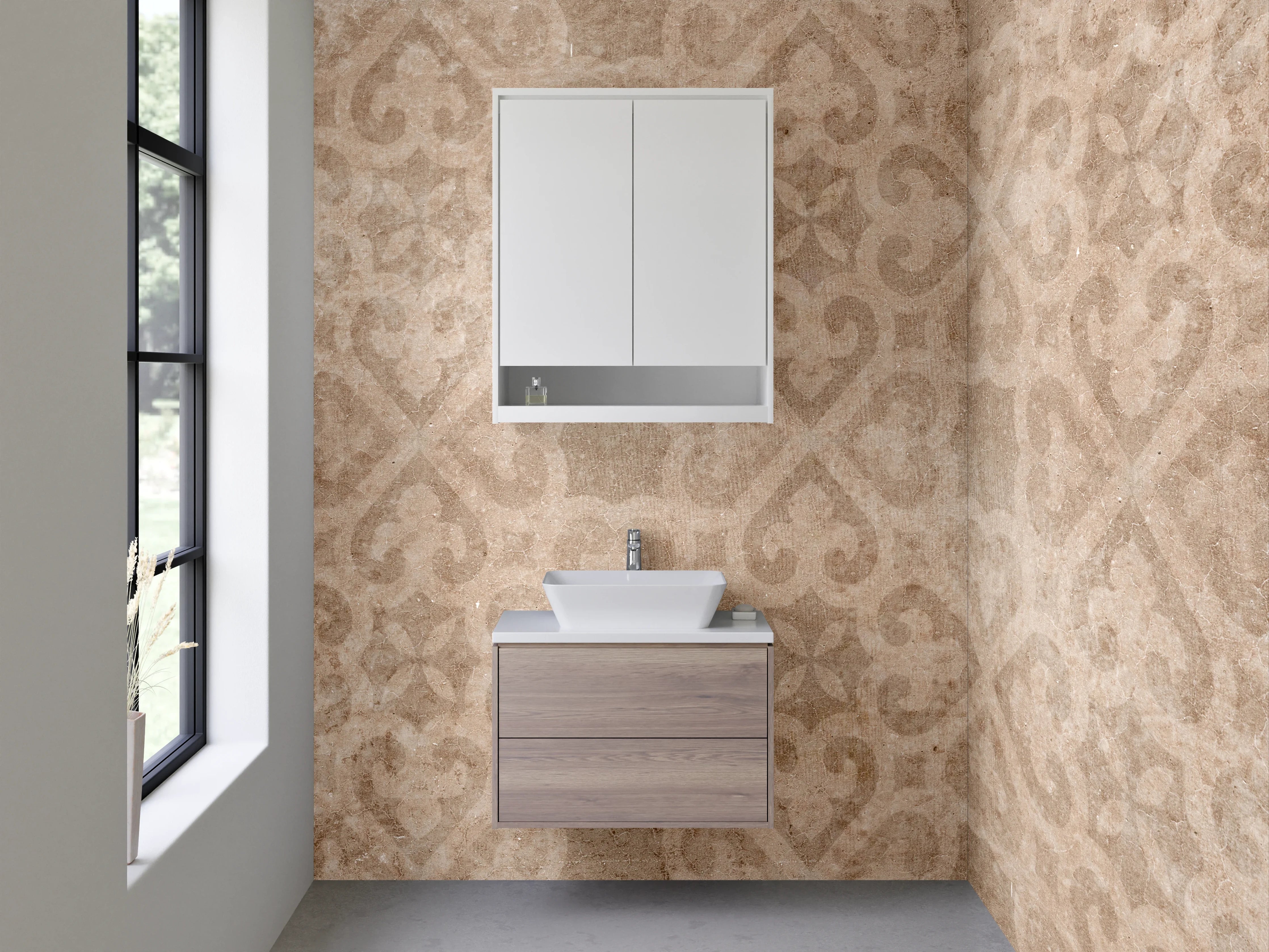 Waschbecken-Rückwand - Vintage Ornamentmuster Beige Braun