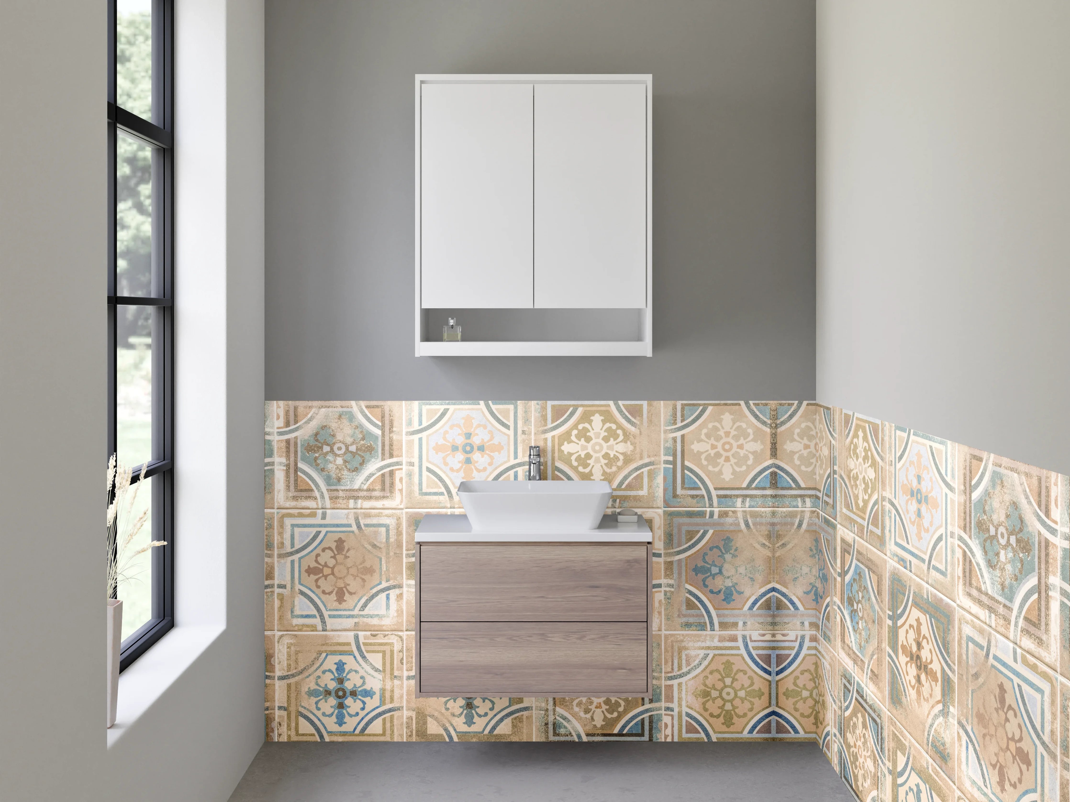 Waschbecken-Rückwand - Vintage Patchwork Fliesenoptik Beige Blau