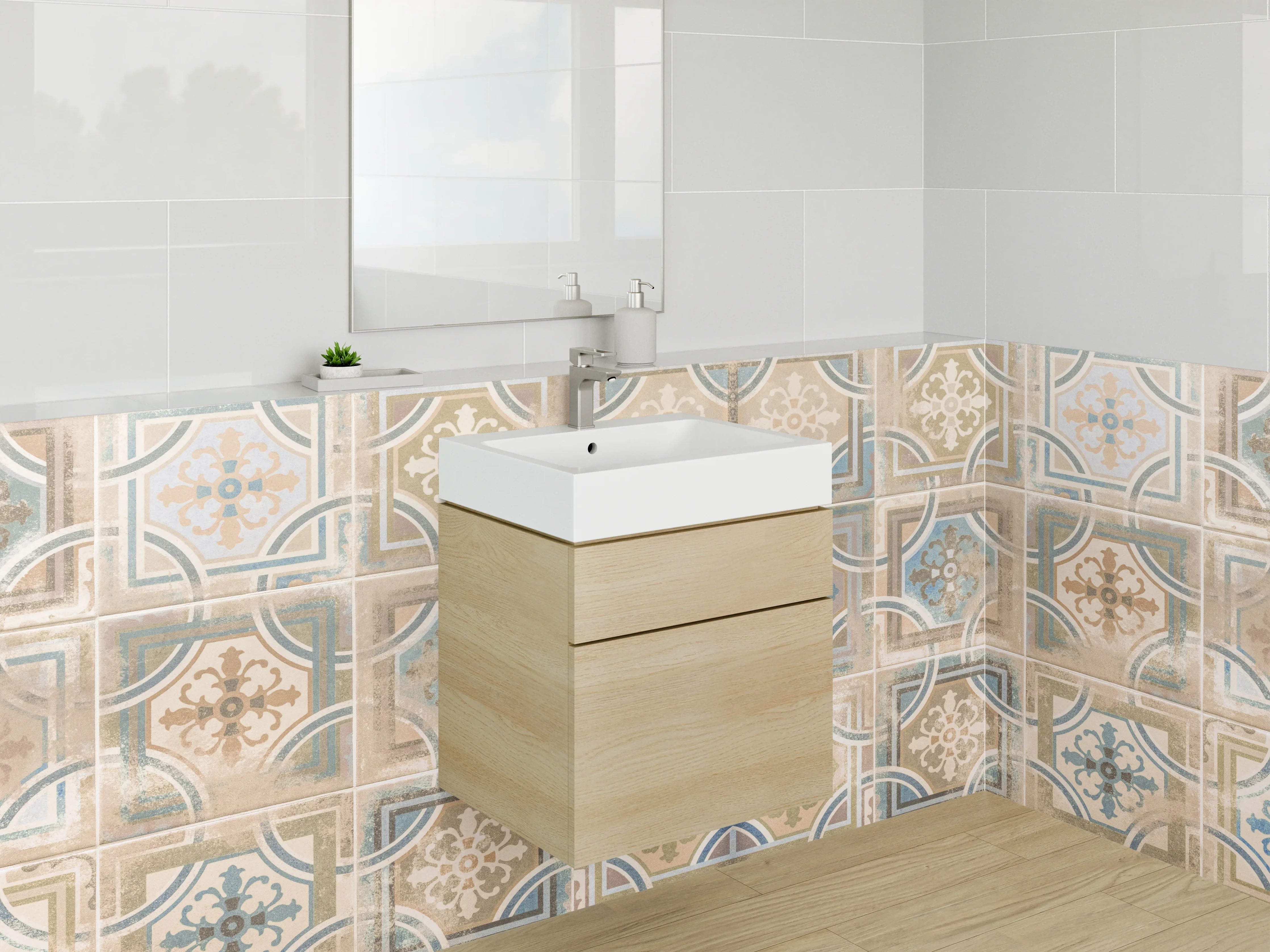 Waschbecken-Rückwand - Vintage Patchwork Fliesenoptik Beige Blau