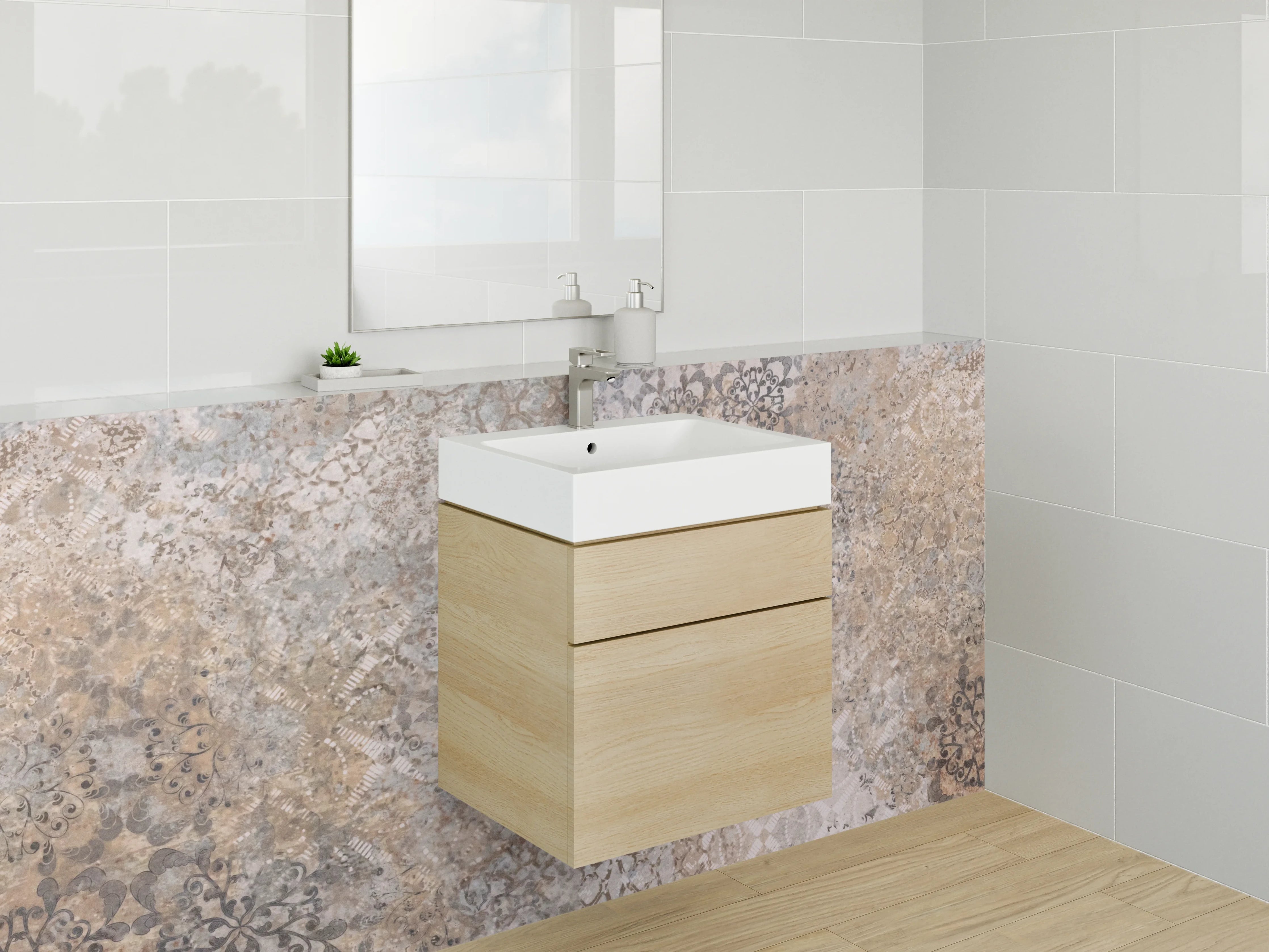 Waschbecken-Rückwand - Vintage Patchwork Fliesenoptik Braun Beige