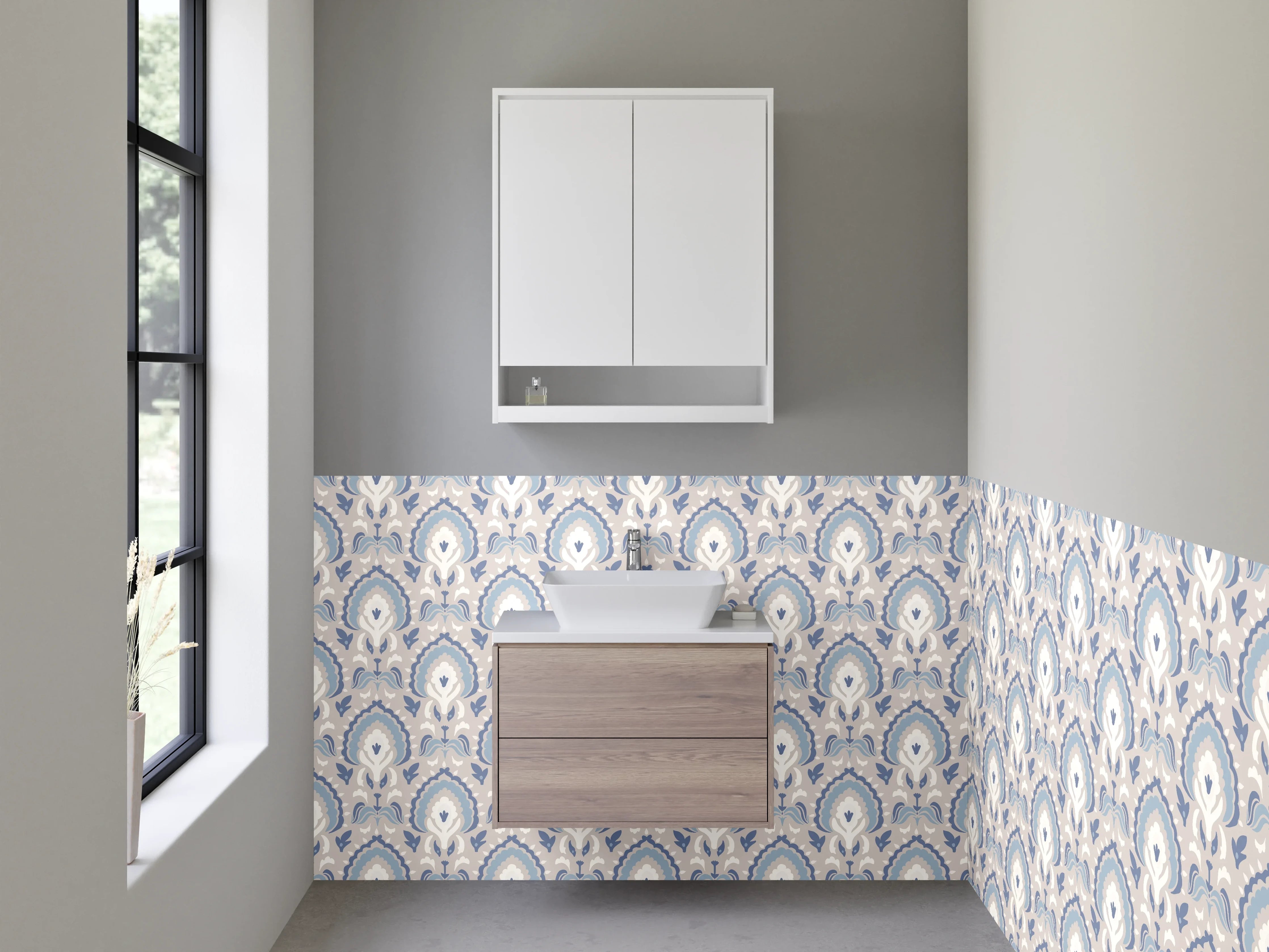 Waschbecken-Rückwand - Vintage Pfauenfeder-Muster in Beige-Grau