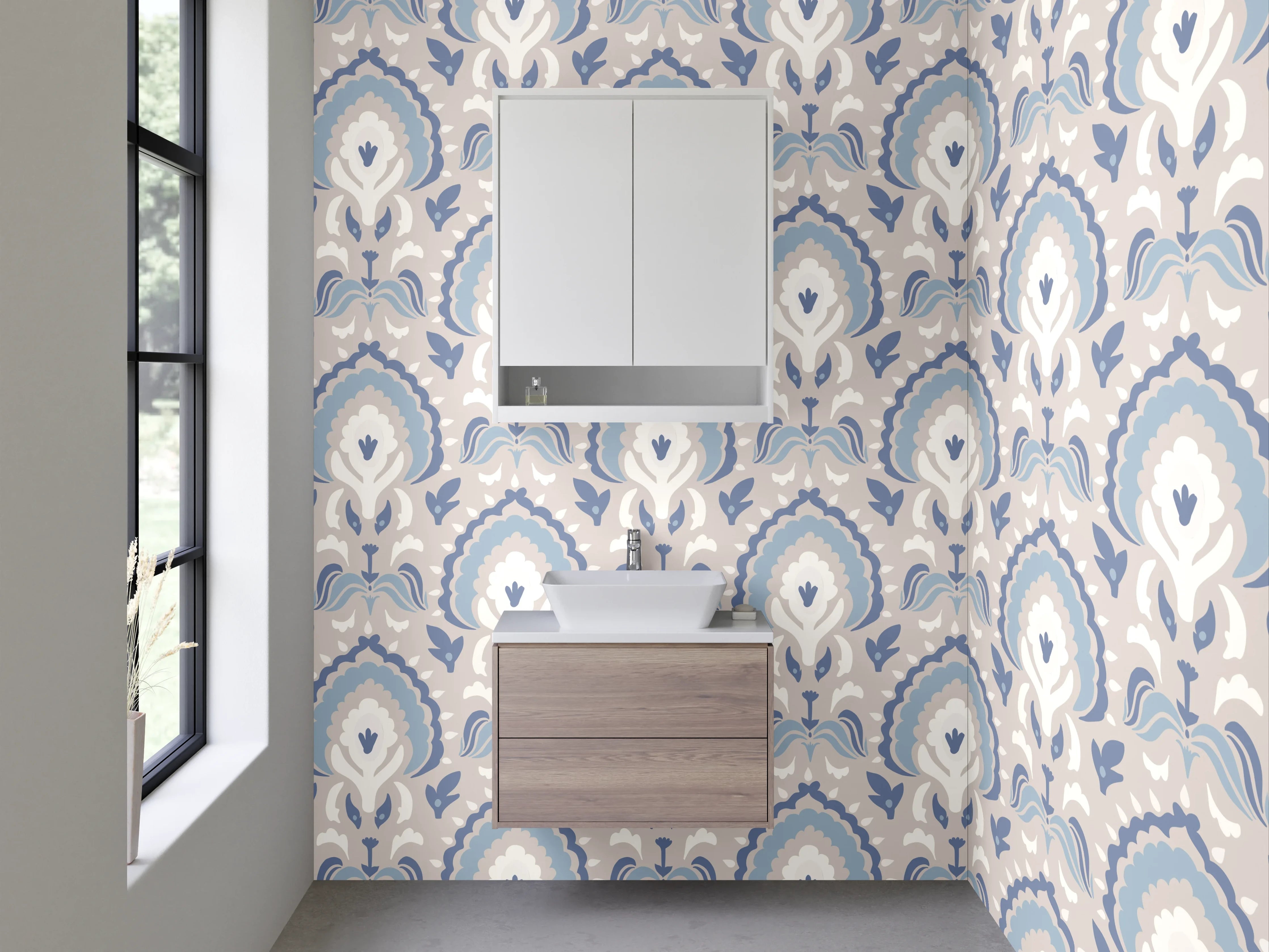 Waschbecken-Rückwand - Vintage Pfauenfeder-Muster in Beige-Grau