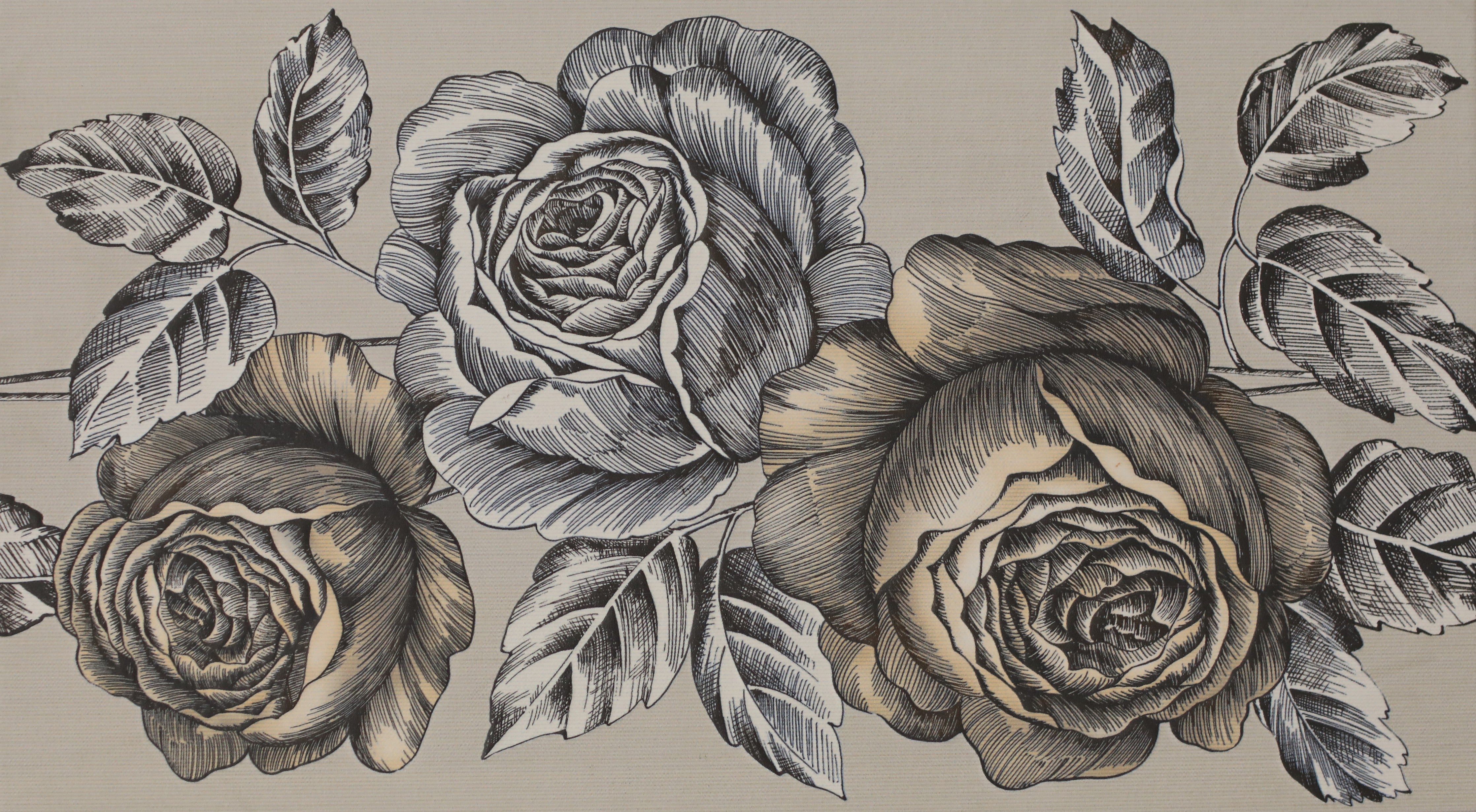 Waschbecken-Rückwand-Vintage Rosen Illustration Schwarz-Weiß Beige