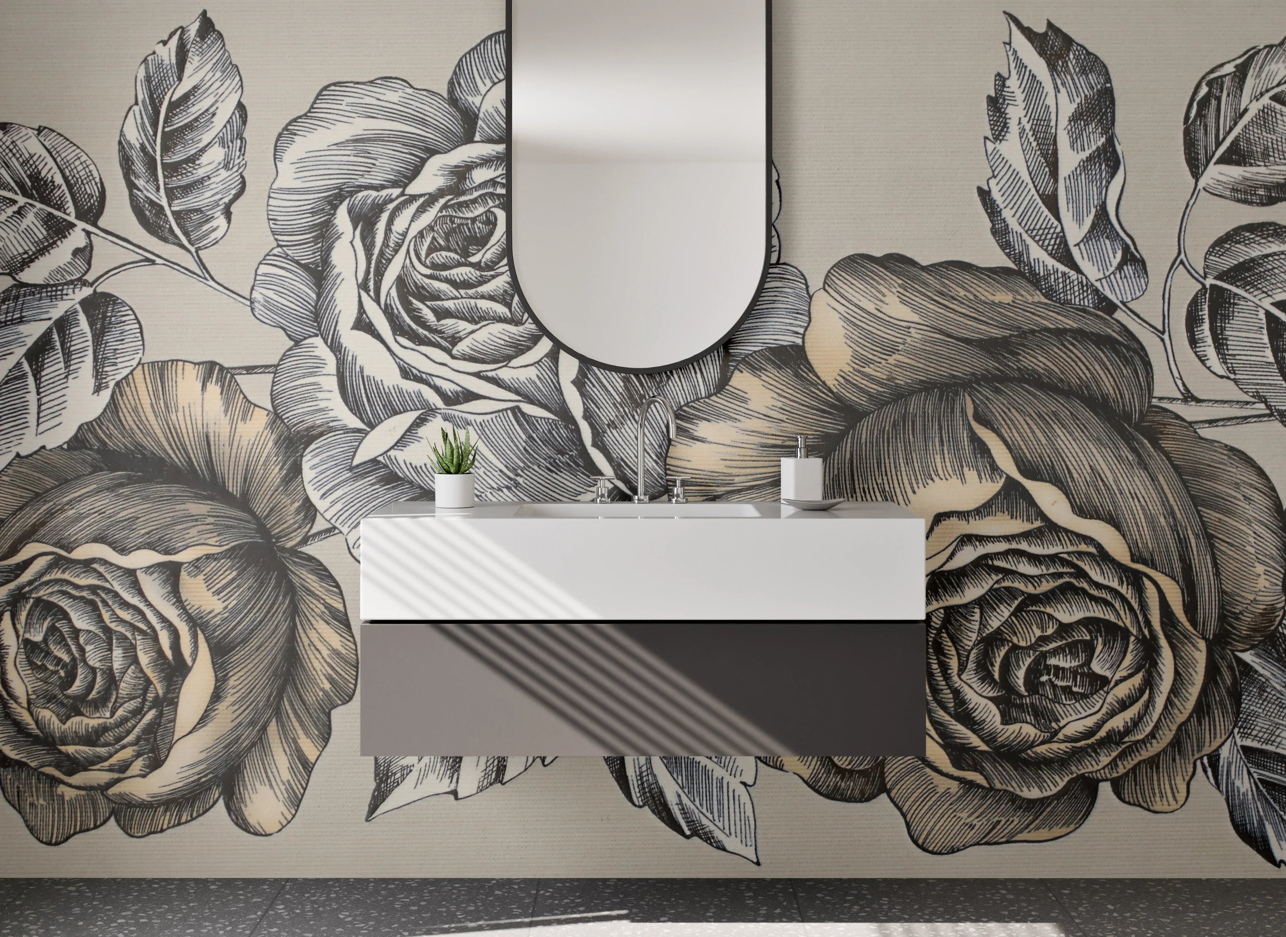 Waschbecken-Rückwand - Vintage Rosen Illustration Schwarz-Weiß Beige