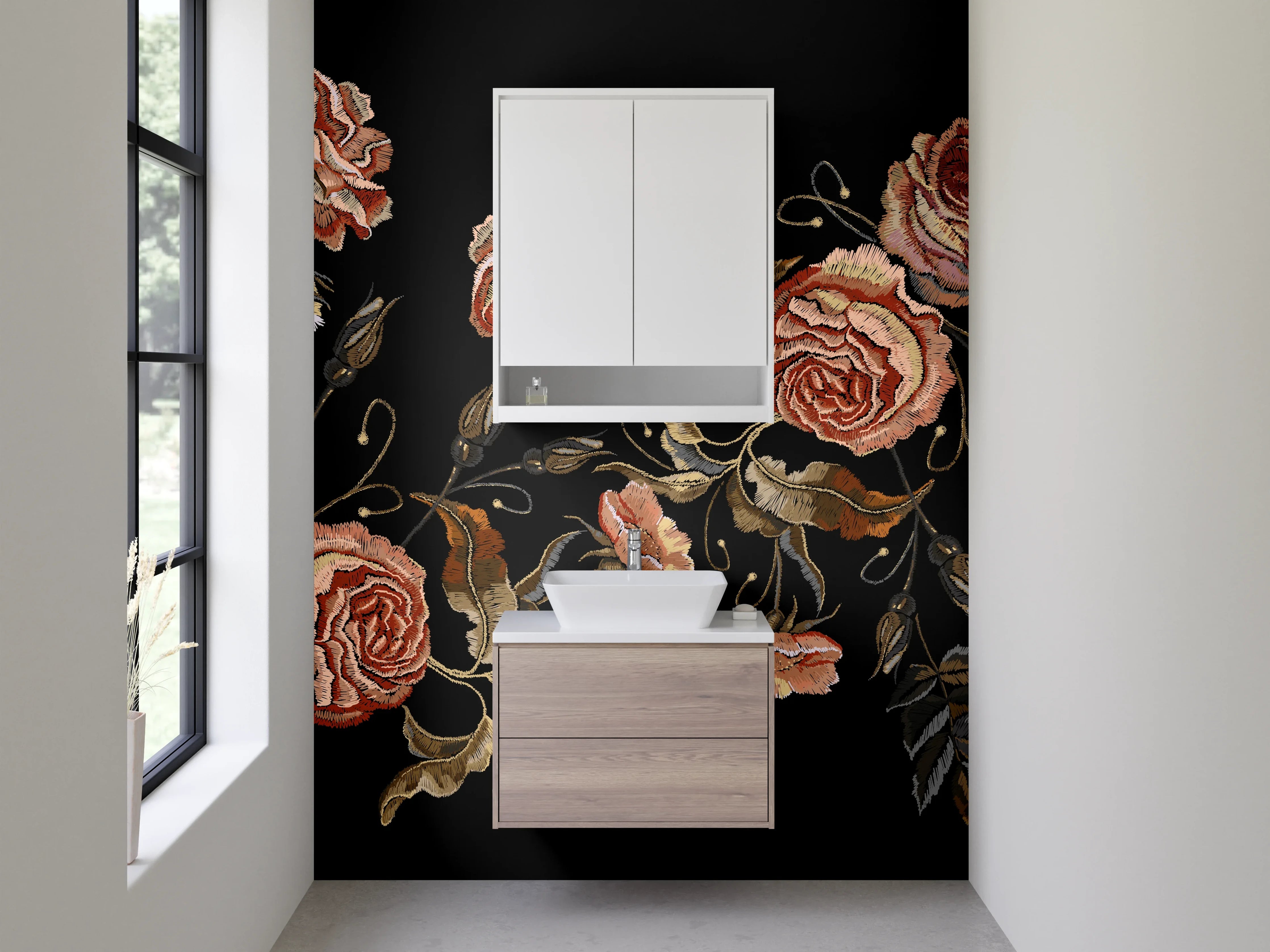Waschbecken-Rückwand - Vintage Rosen Stickerei auf Schwarz