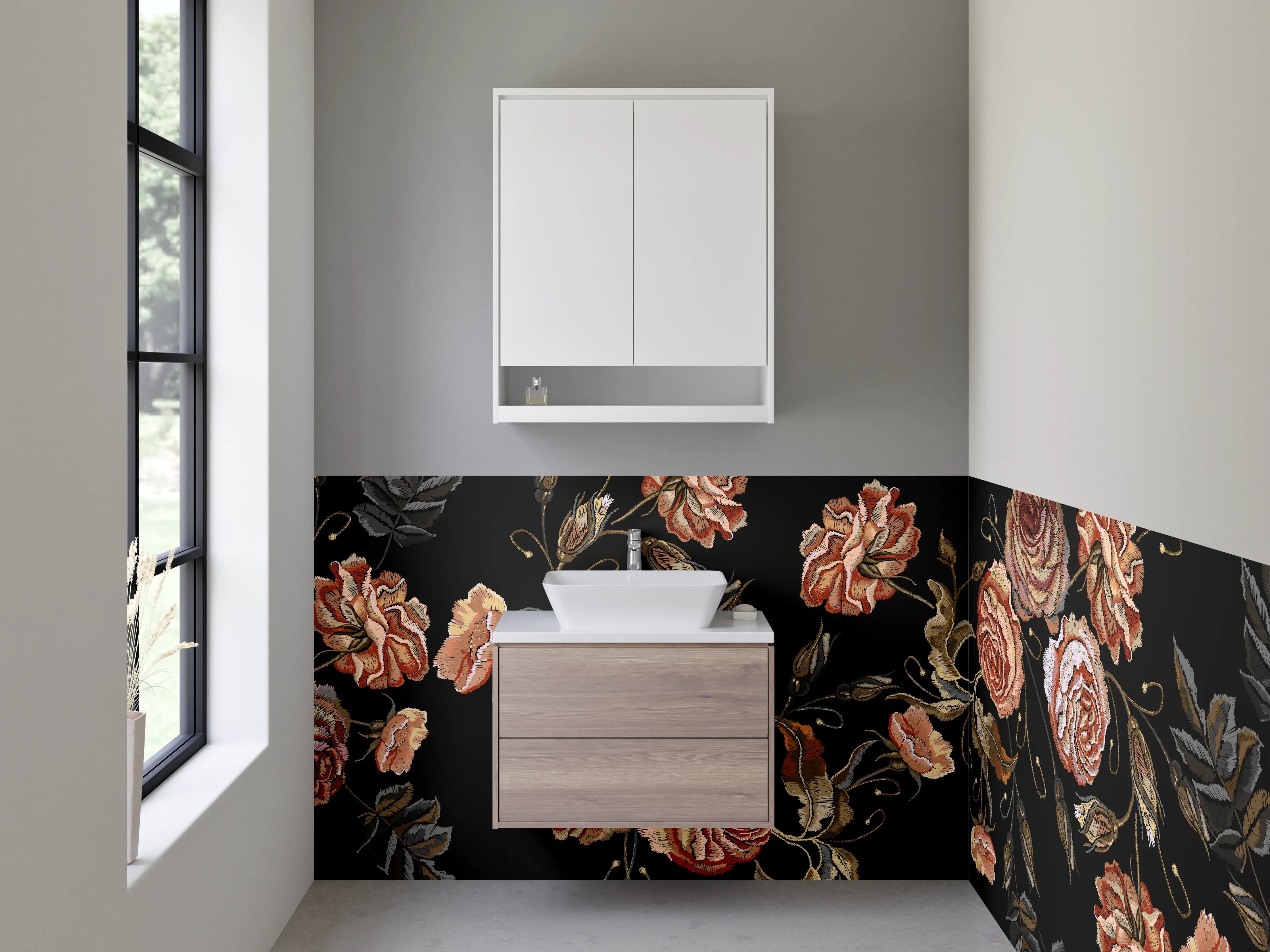 Waschbecken-Rückwand - Vintage Rosen Stickerei auf Schwarz