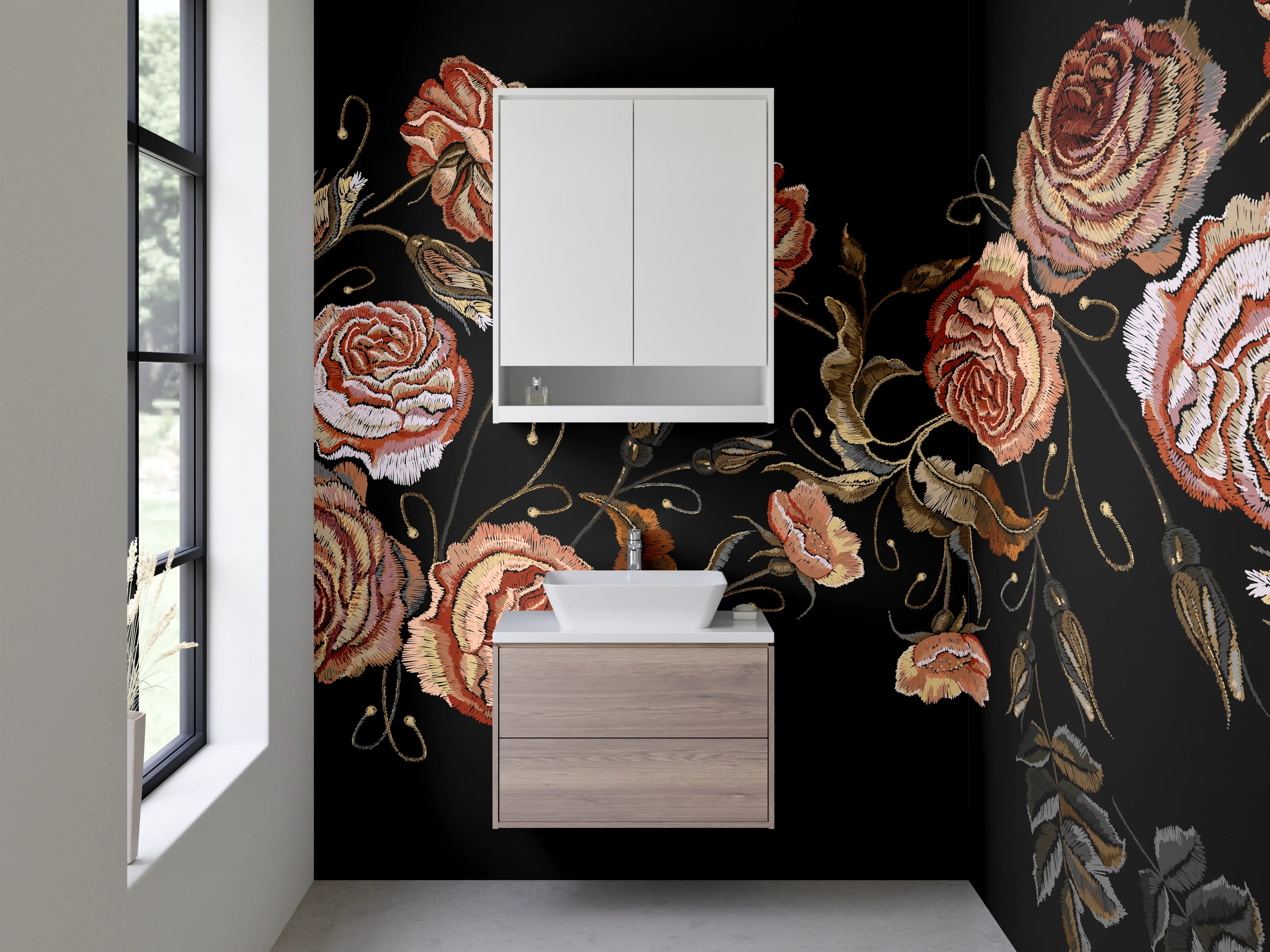 Waschbecken-Rückwand - Vintage Rosen Stickerei auf Schwarz