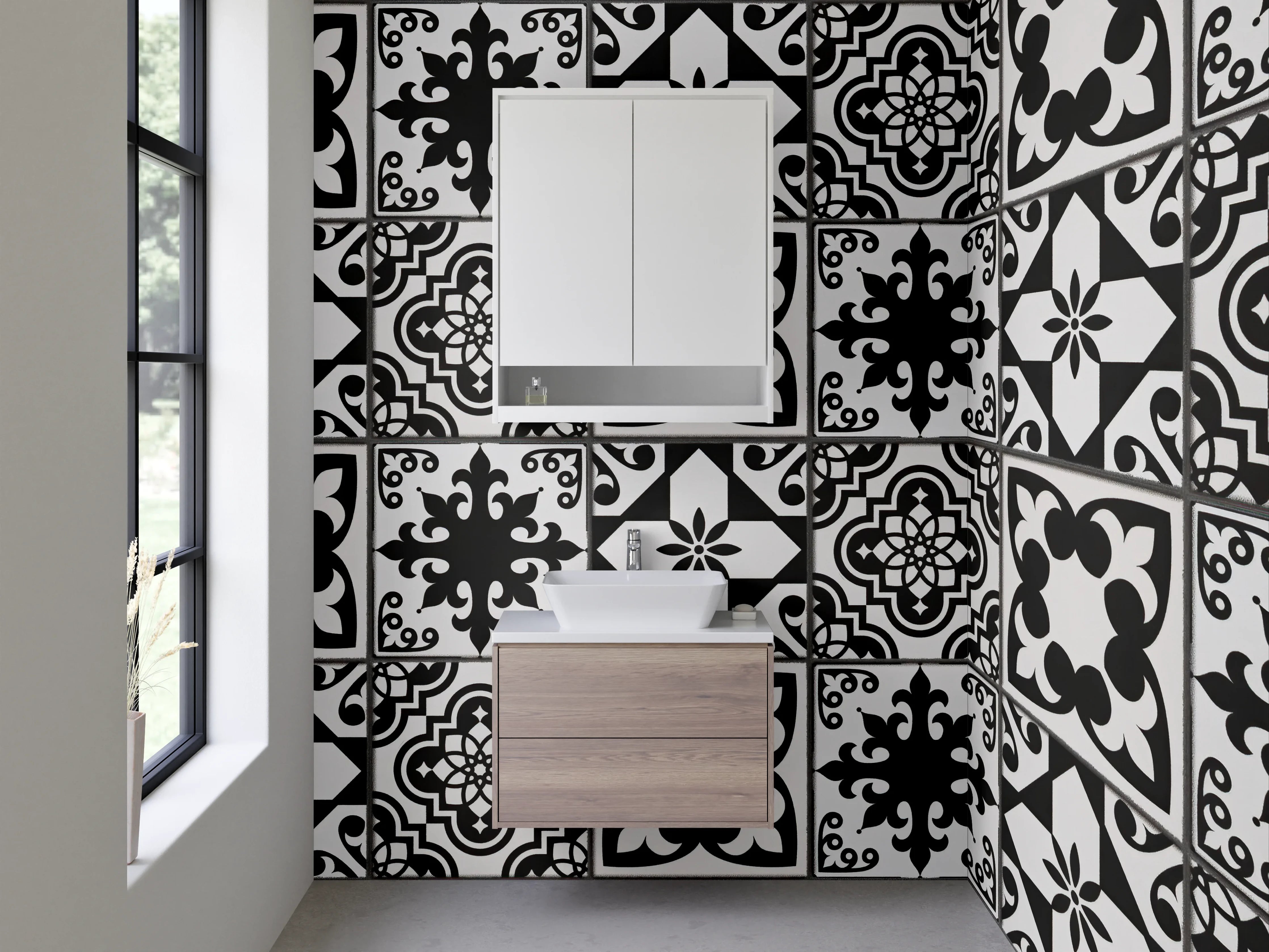 Waschbecken-Rückwand - Vintage Schwarz-Weiß Mosaik Fliesenmuster