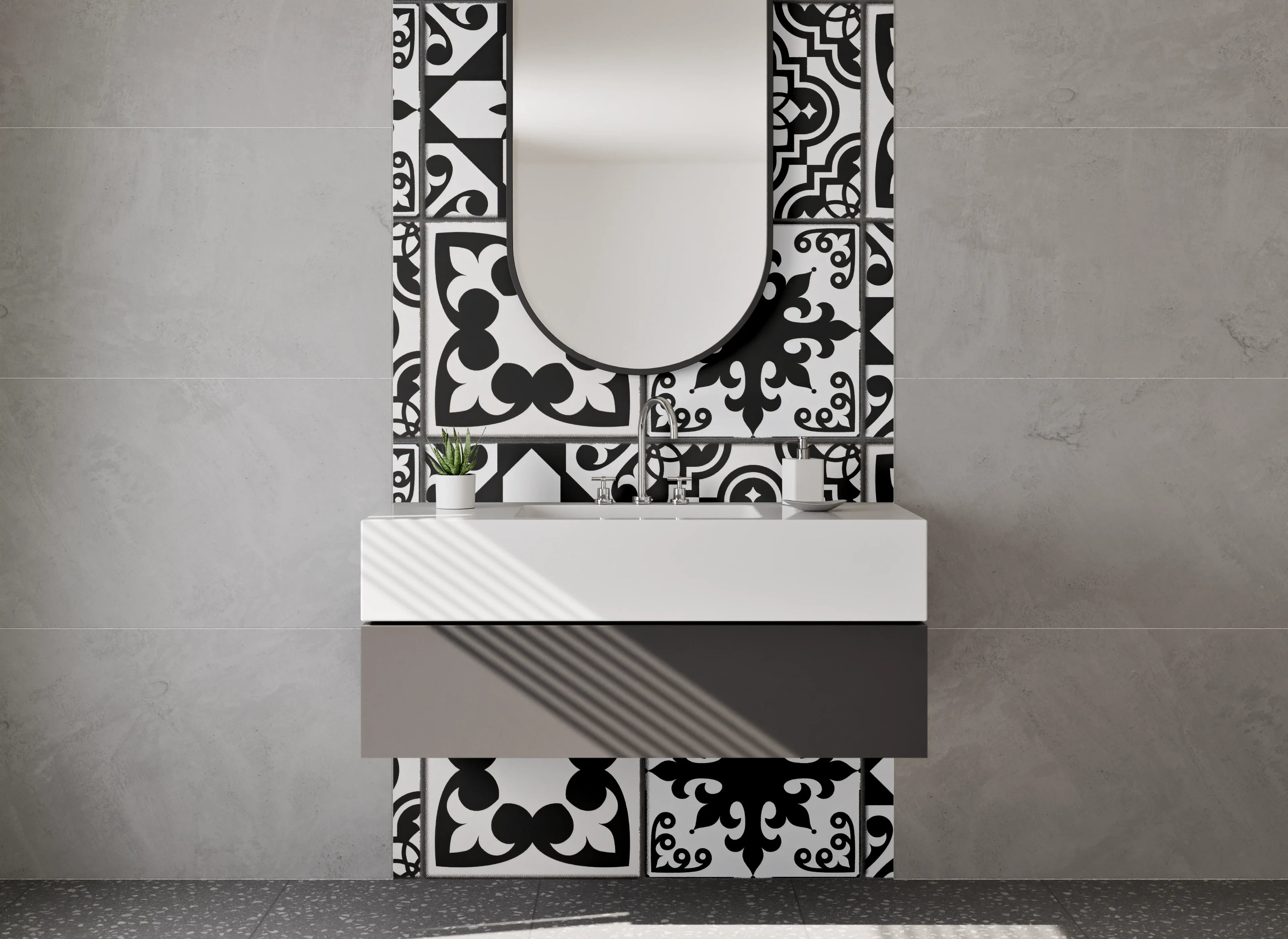 Waschbecken-Rückwand - Vintage Schwarz-Weiß Mosaik Fliesenmuster