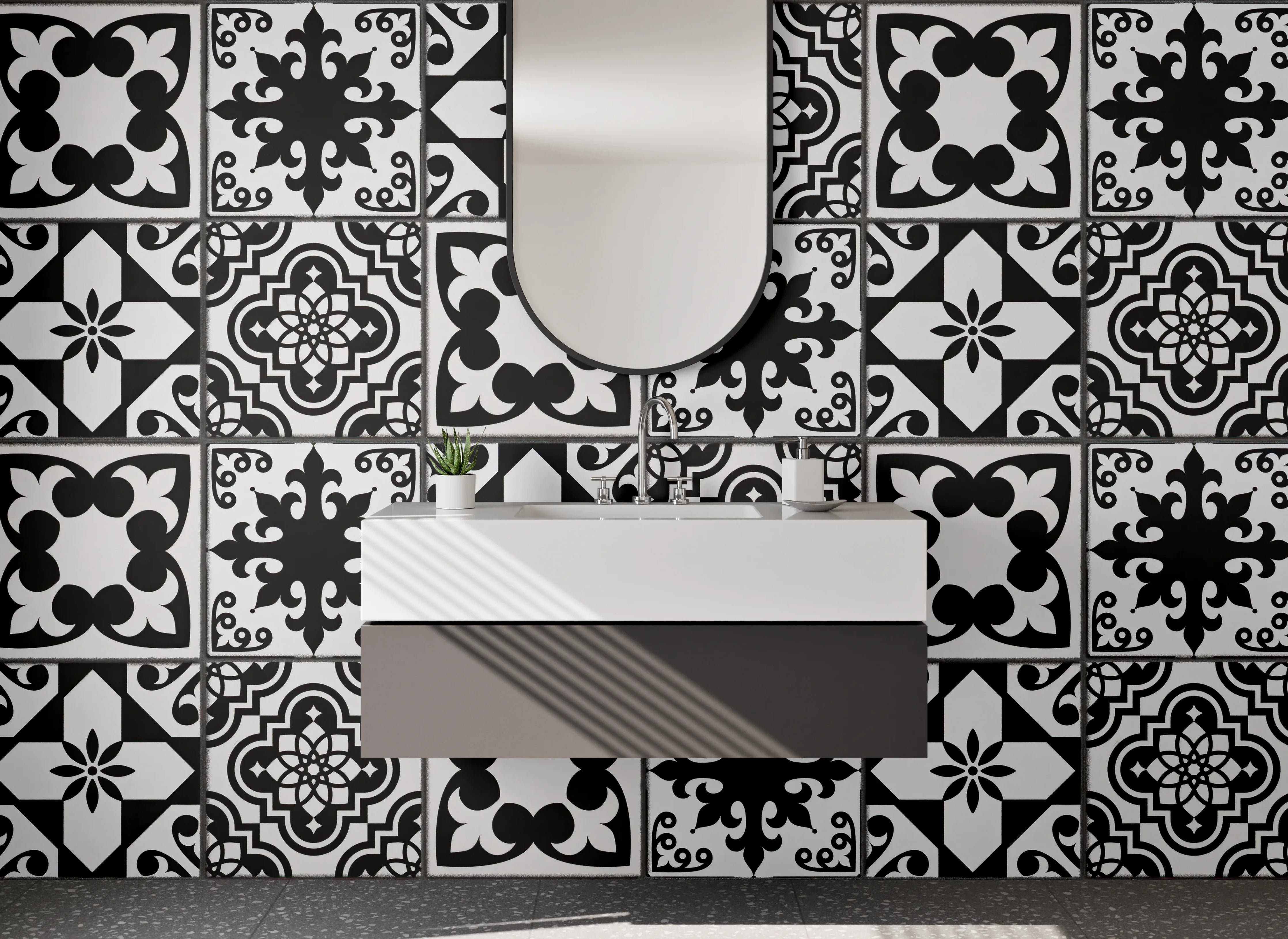 Waschbecken-Rückwand - Vintage Schwarz-Weiß Mosaik Fliesenmuster