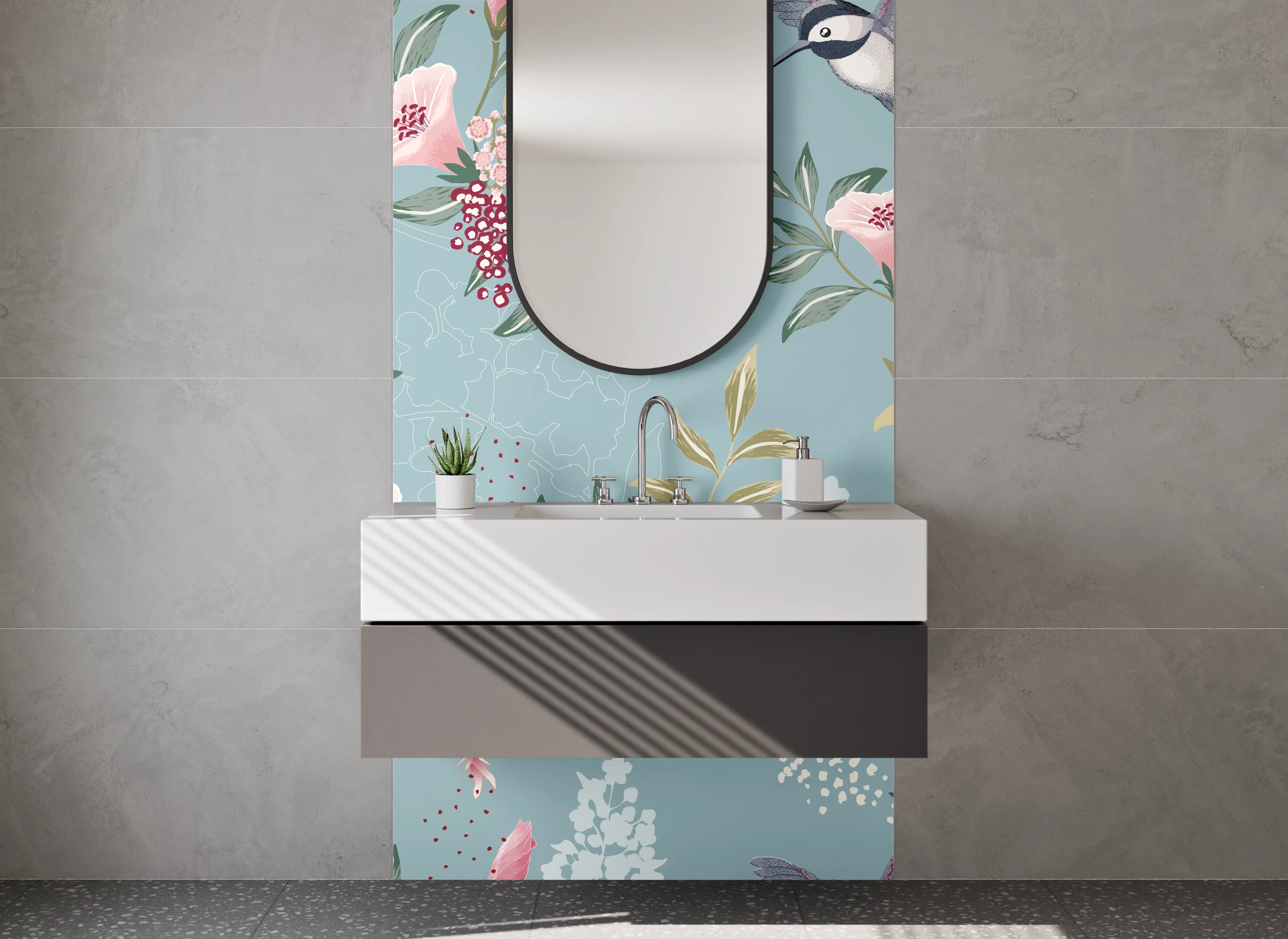 Waschbecken-Rückwand - Vögel und Blüten Aquarellmuster Blau