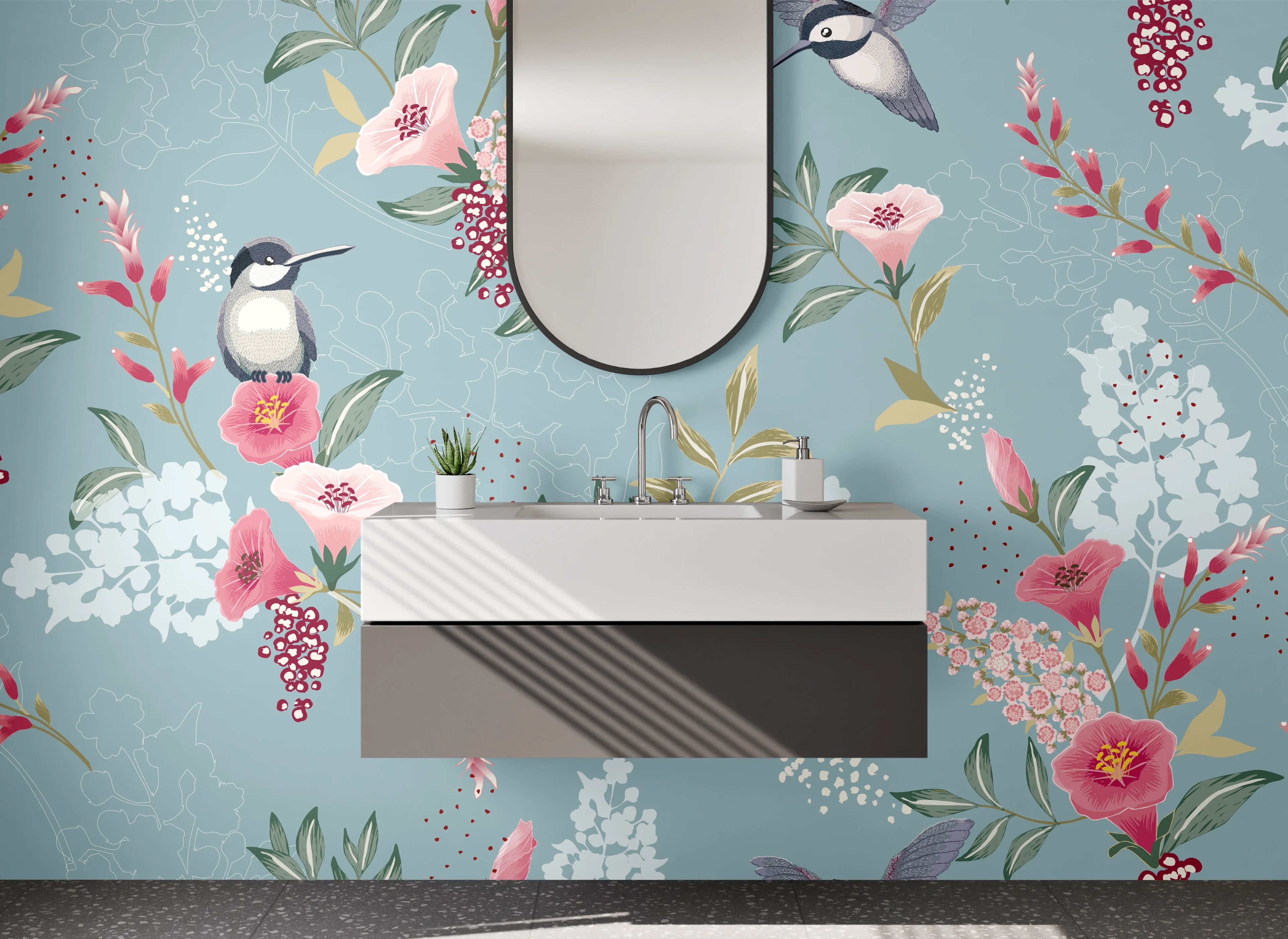 Waschbecken-Rückwand - Vögel und Blüten Aquarellmuster Blau