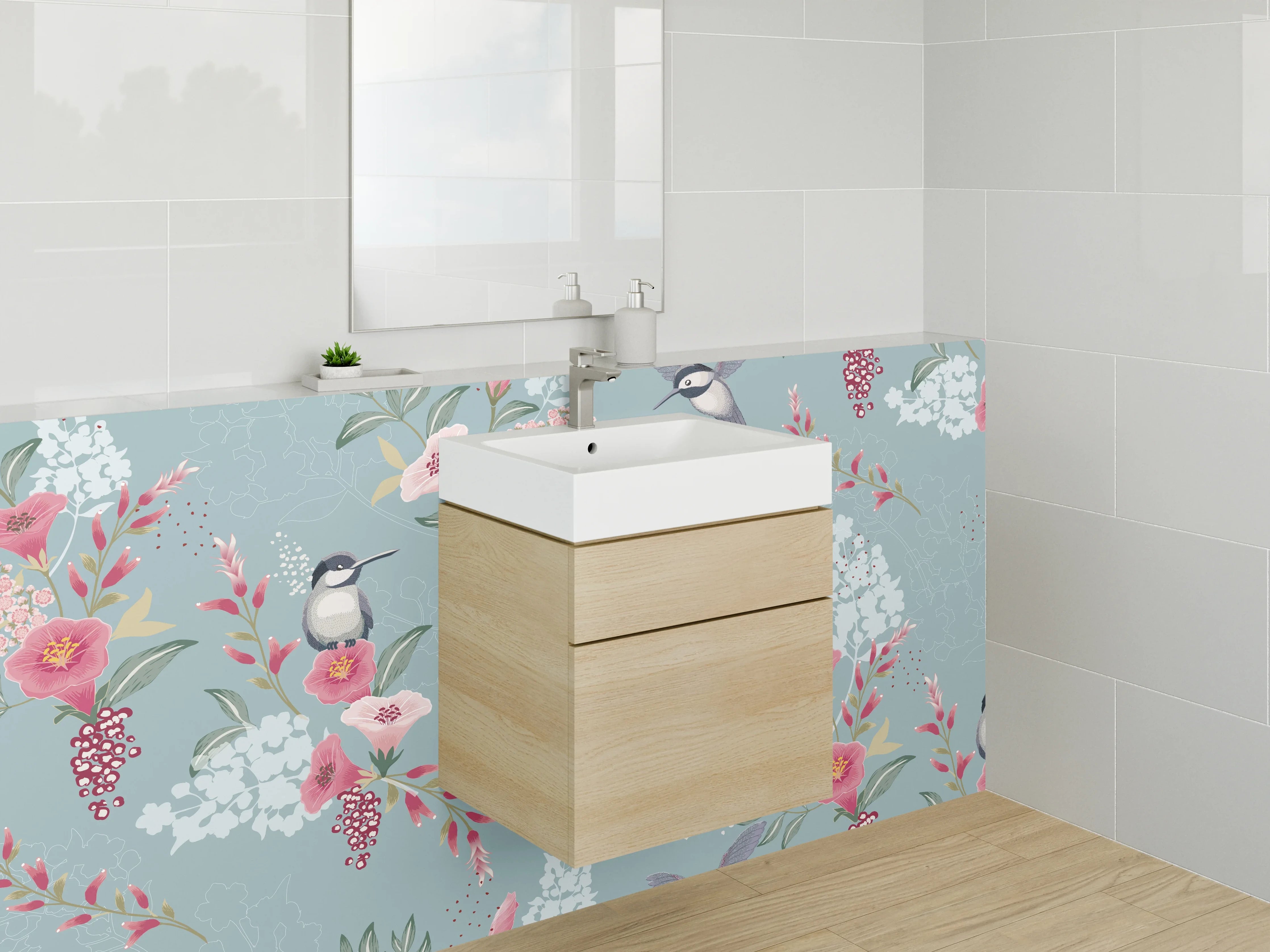 Waschbecken-Rückwand - Vögel und Blüten Aquarellmuster Blau