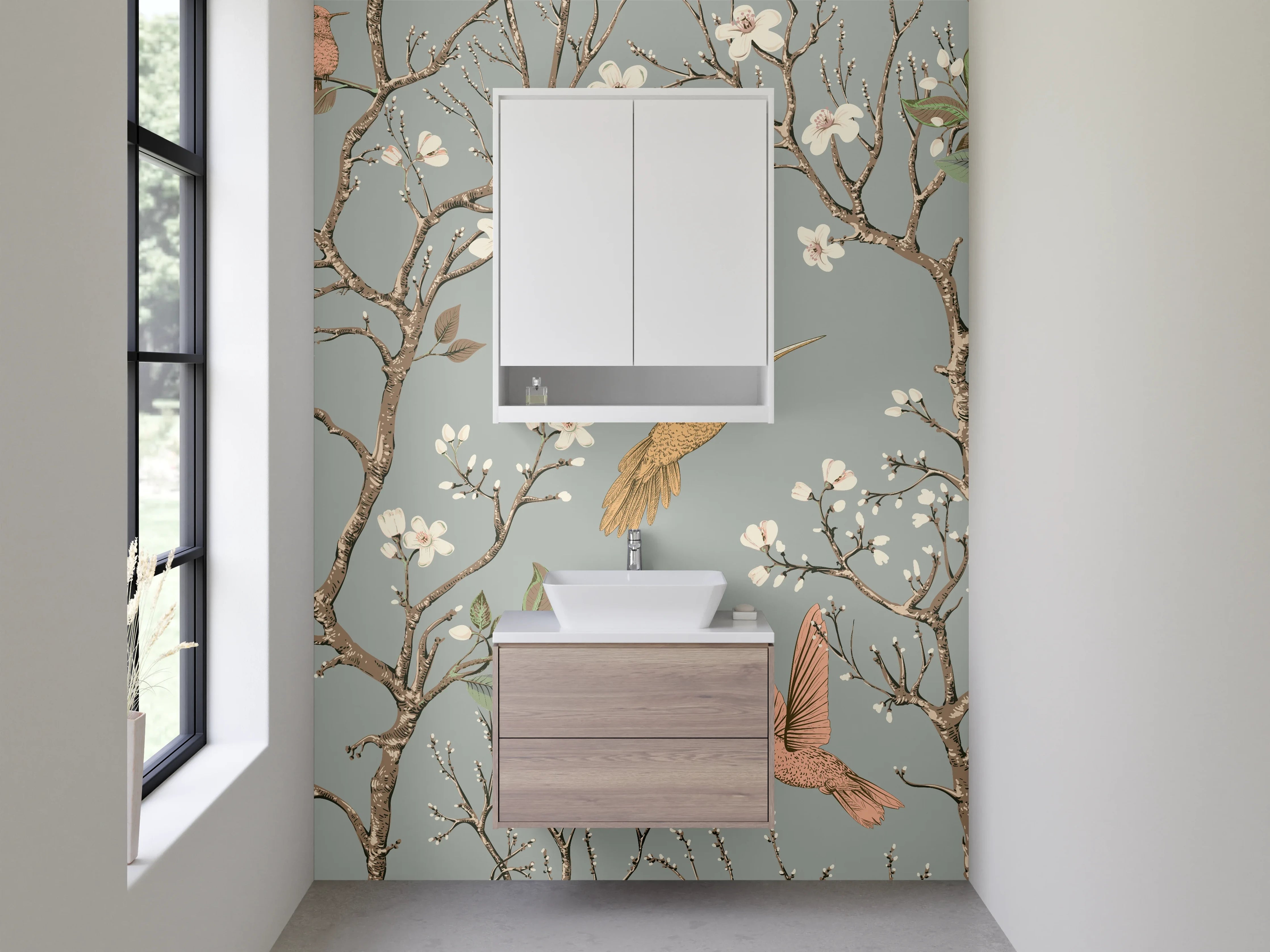 Waschbecken-Rückwand - Vögel und Blüten auf Zweigen Illustration