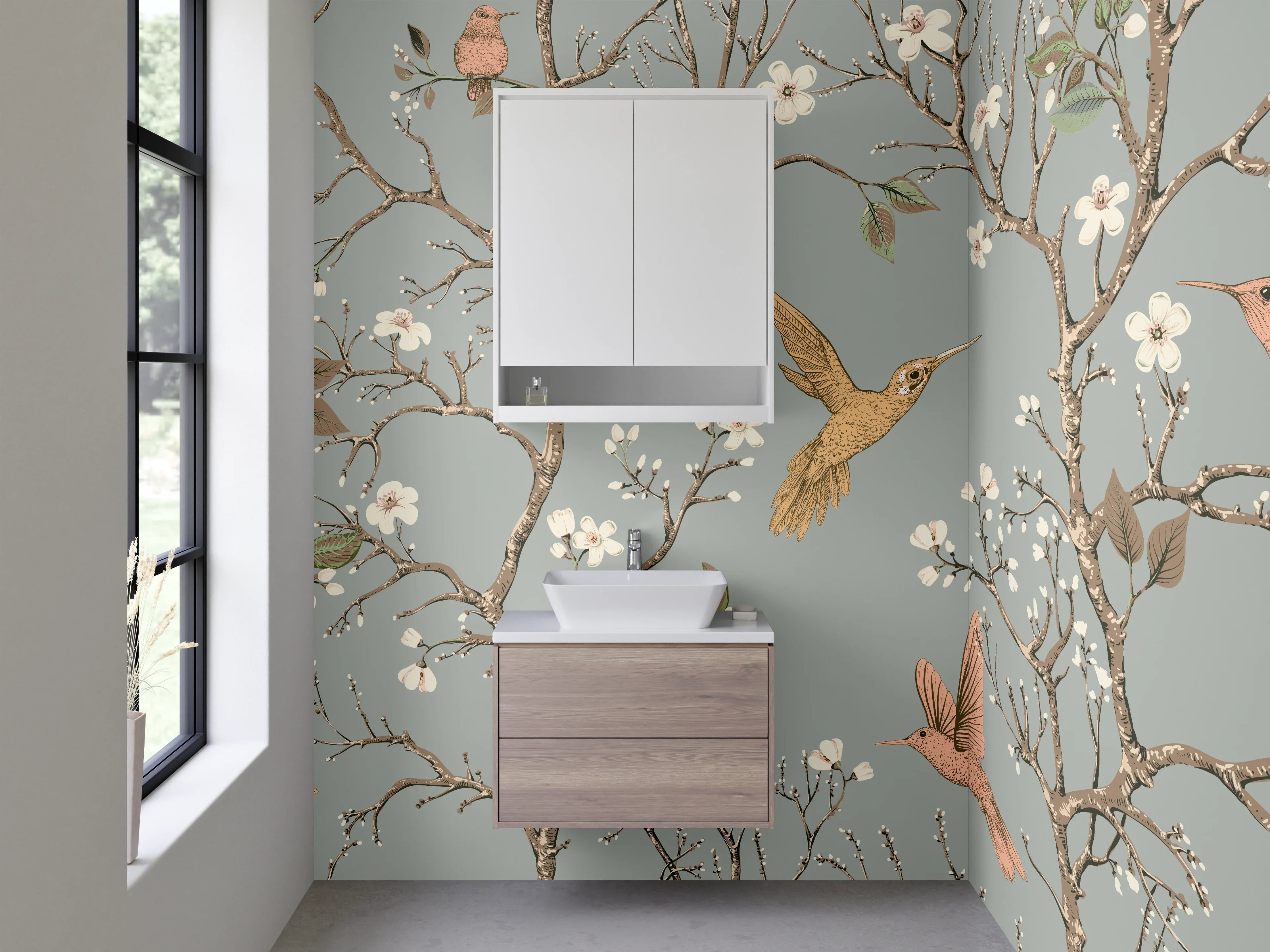Waschbecken-Rückwand - Vögel und Blüten auf Zweigen Illustration