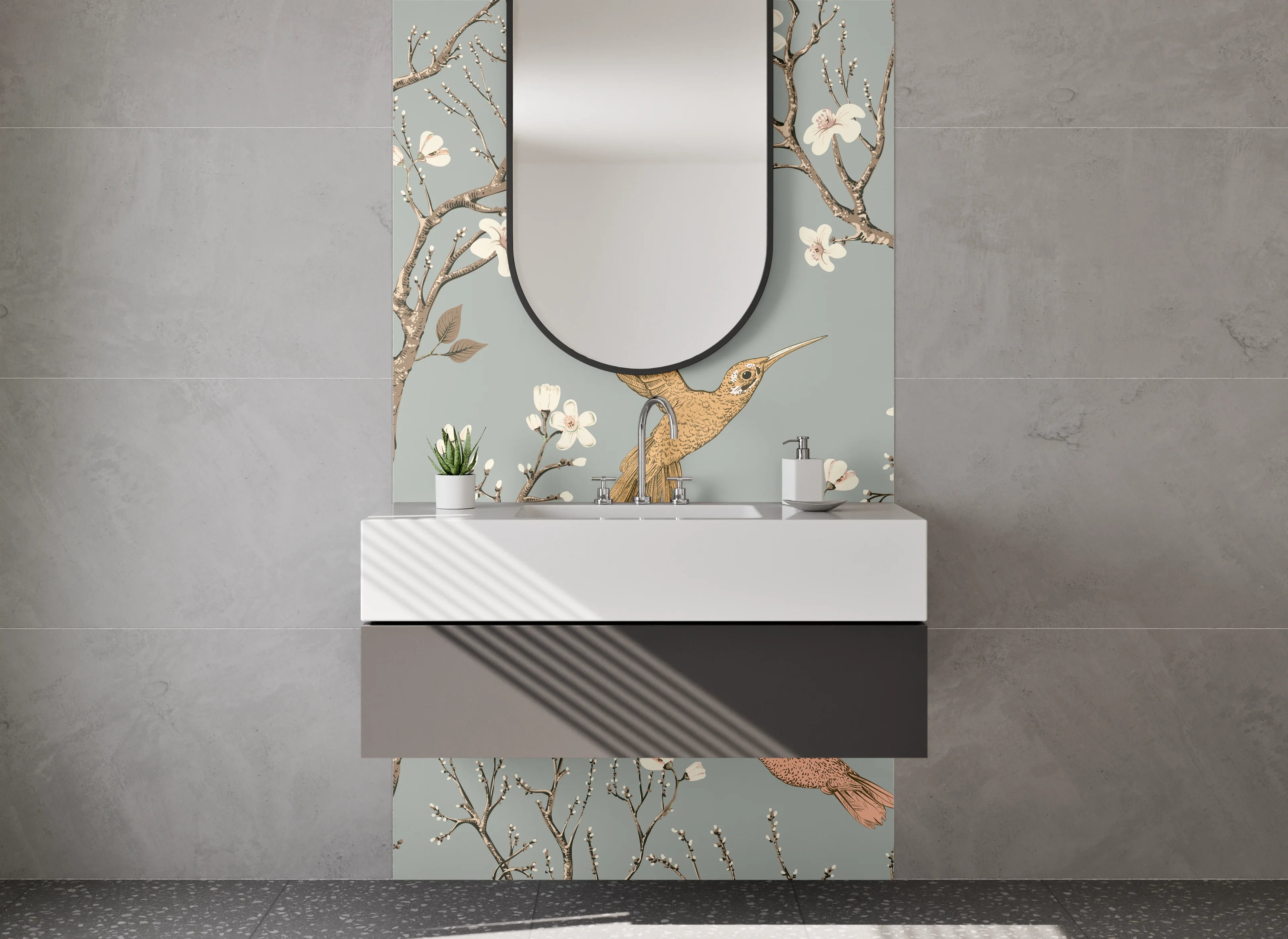 Waschbecken-Rückwand - Vögel und Blüten auf Zweigen Illustration