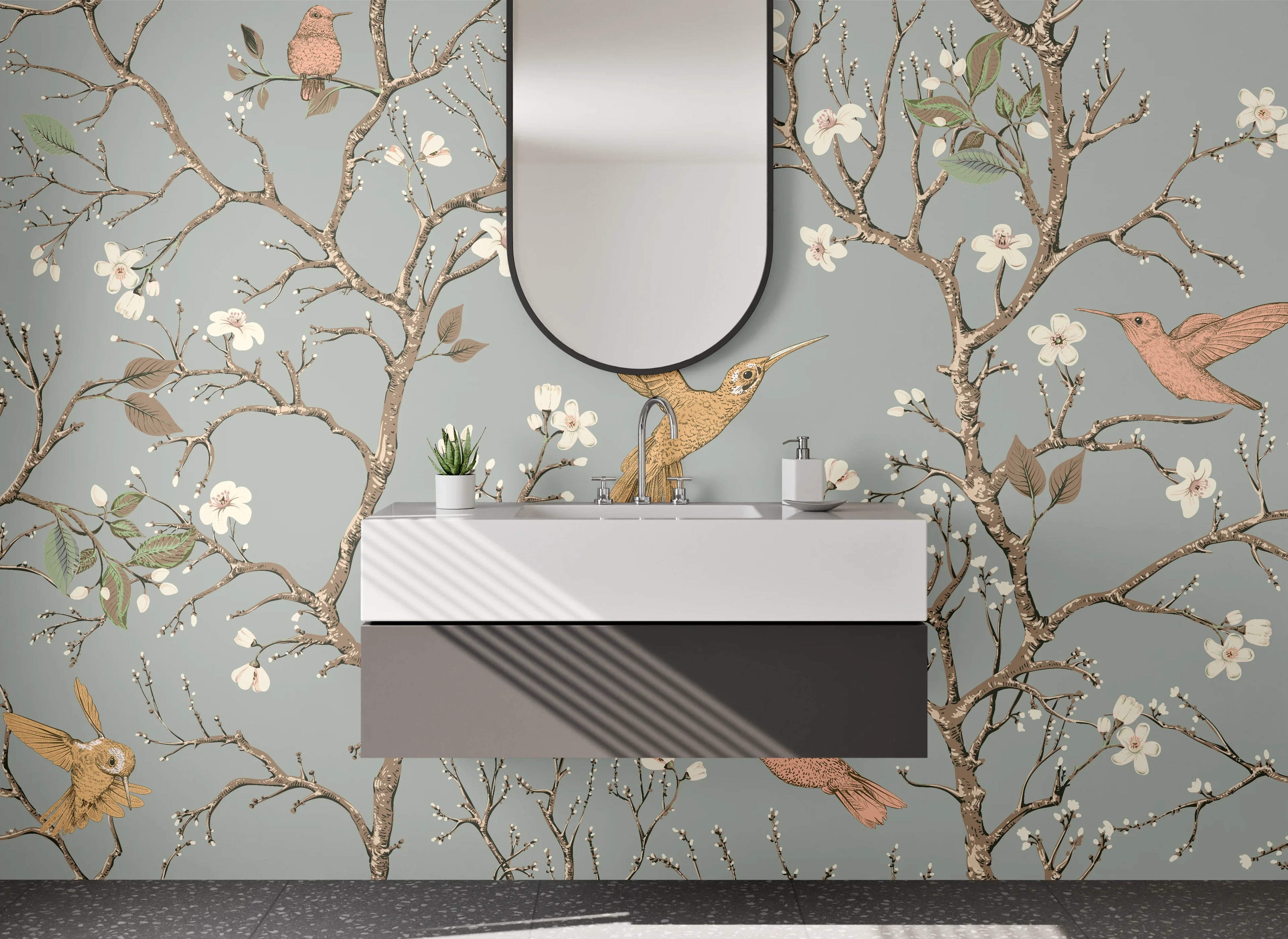 Waschbecken-Rückwand - Vögel und Blüten auf Zweigen Illustration