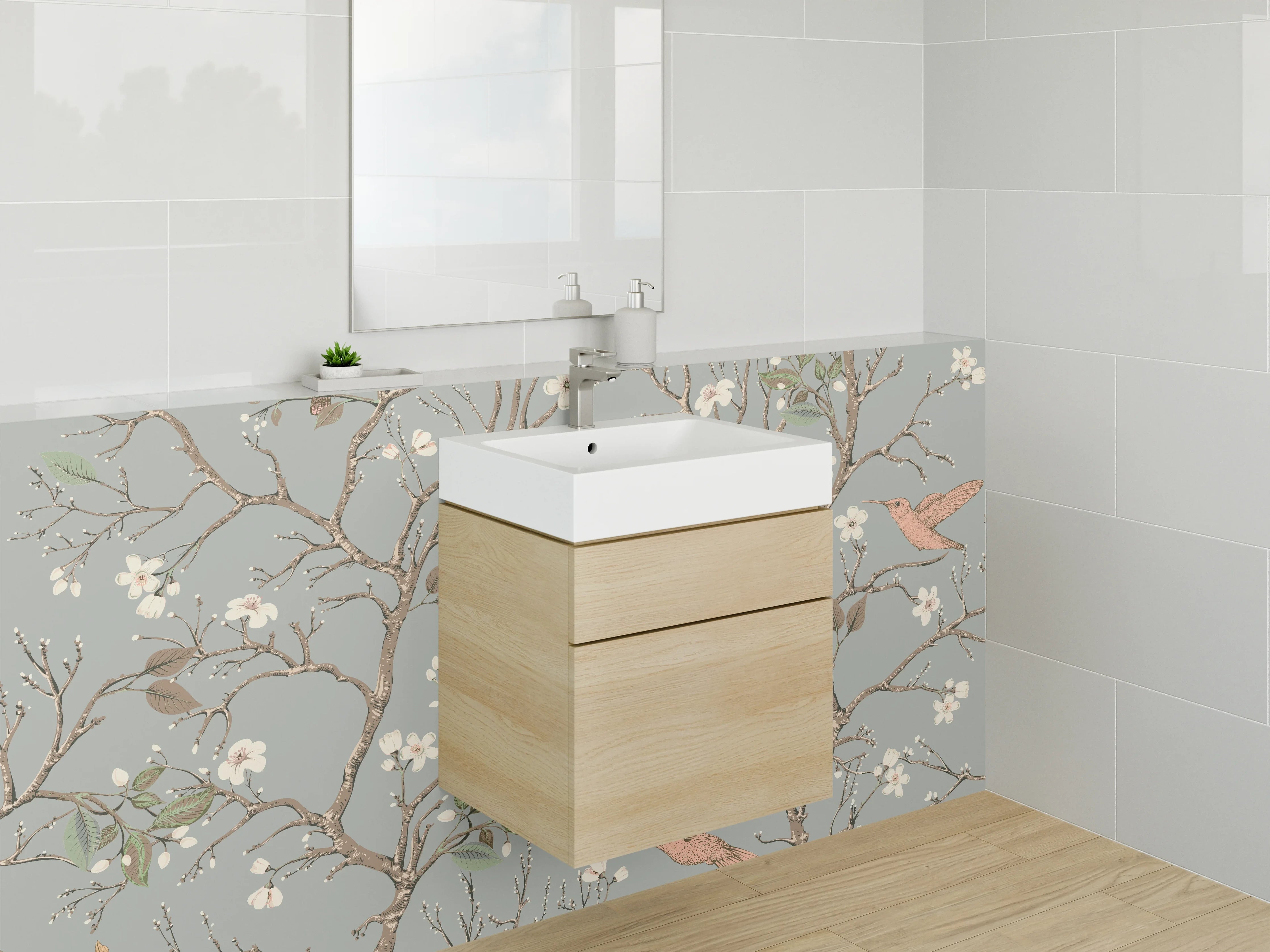 Waschbecken-Rückwand - Vögel und Blüten auf Zweigen Illustration