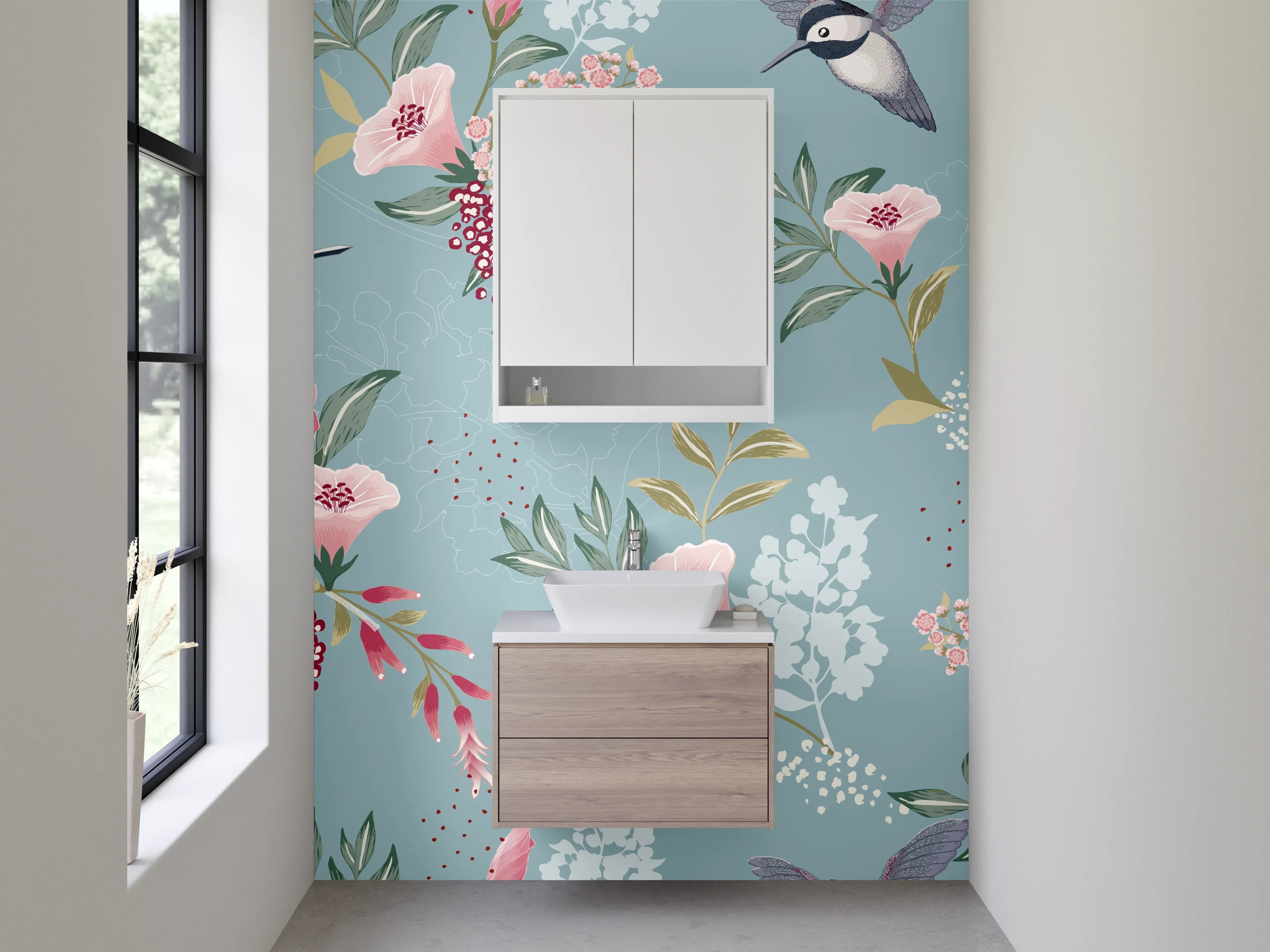 Waschbecken-Rückwand - Vögel und Blumen Aquarell Muster