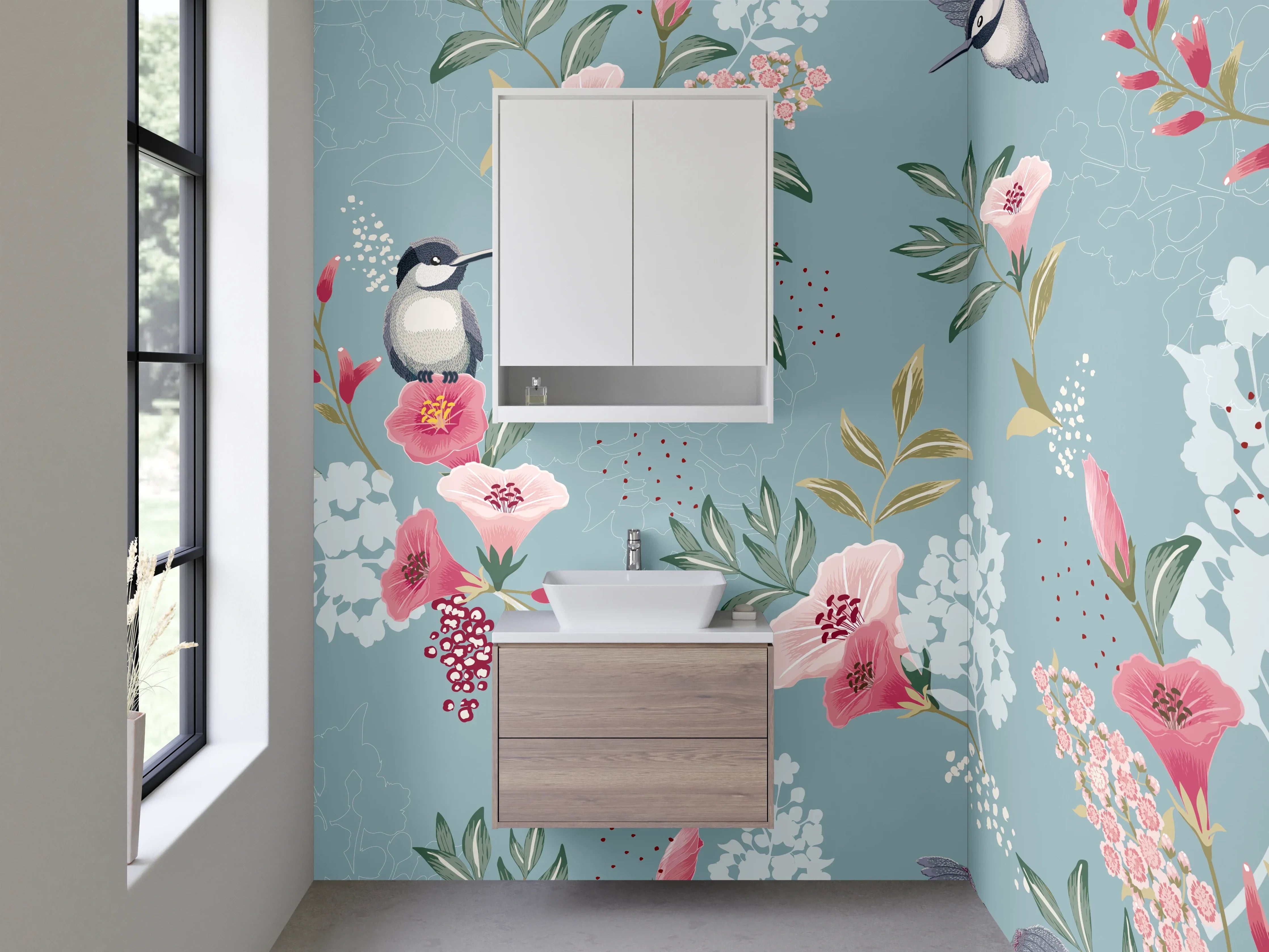 Waschbecken-Rückwand - Vögel und Blumen Aquarell Muster
