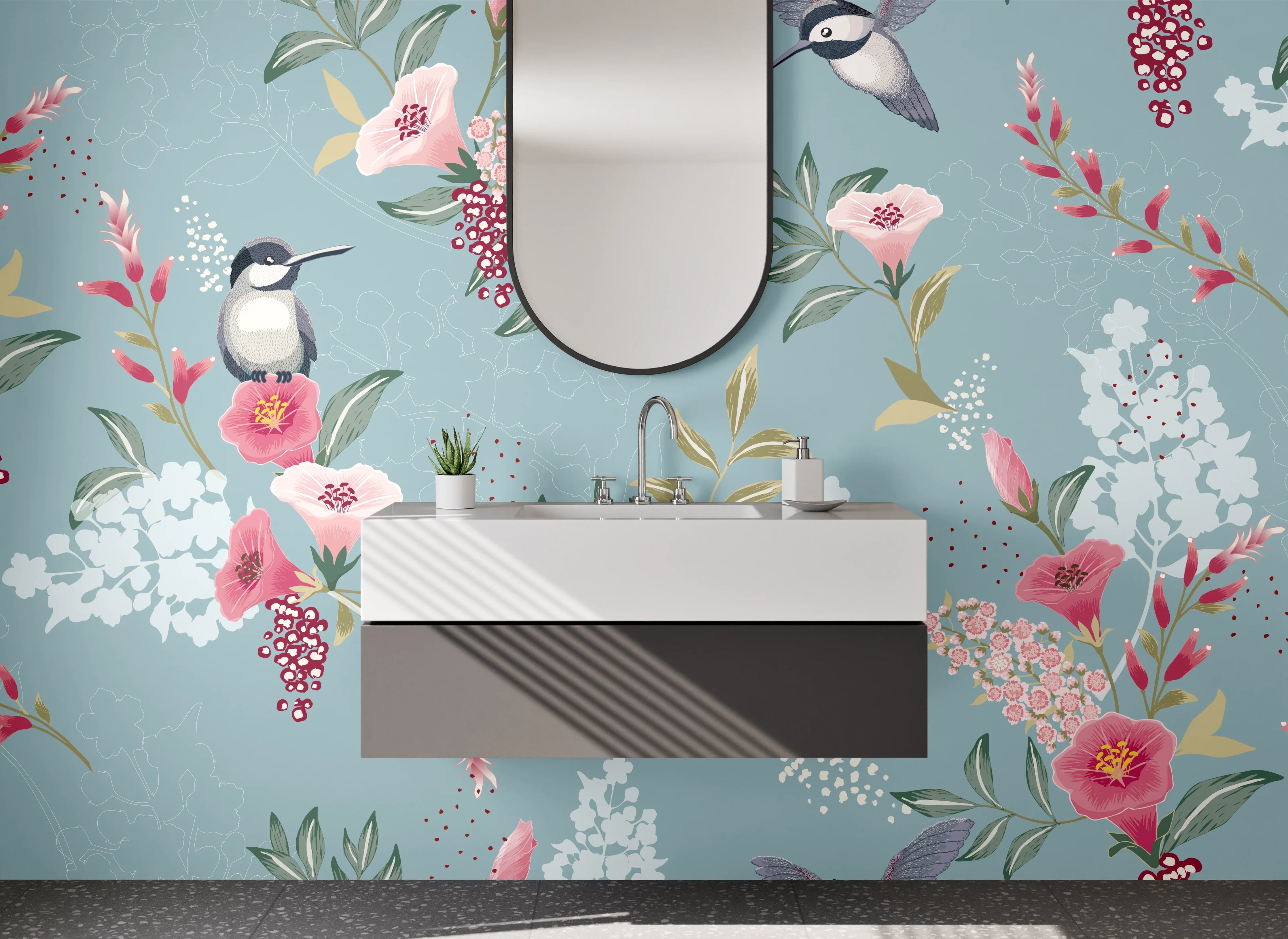Waschbecken-Rückwand - Vögel und Blumen Aquarell Muster