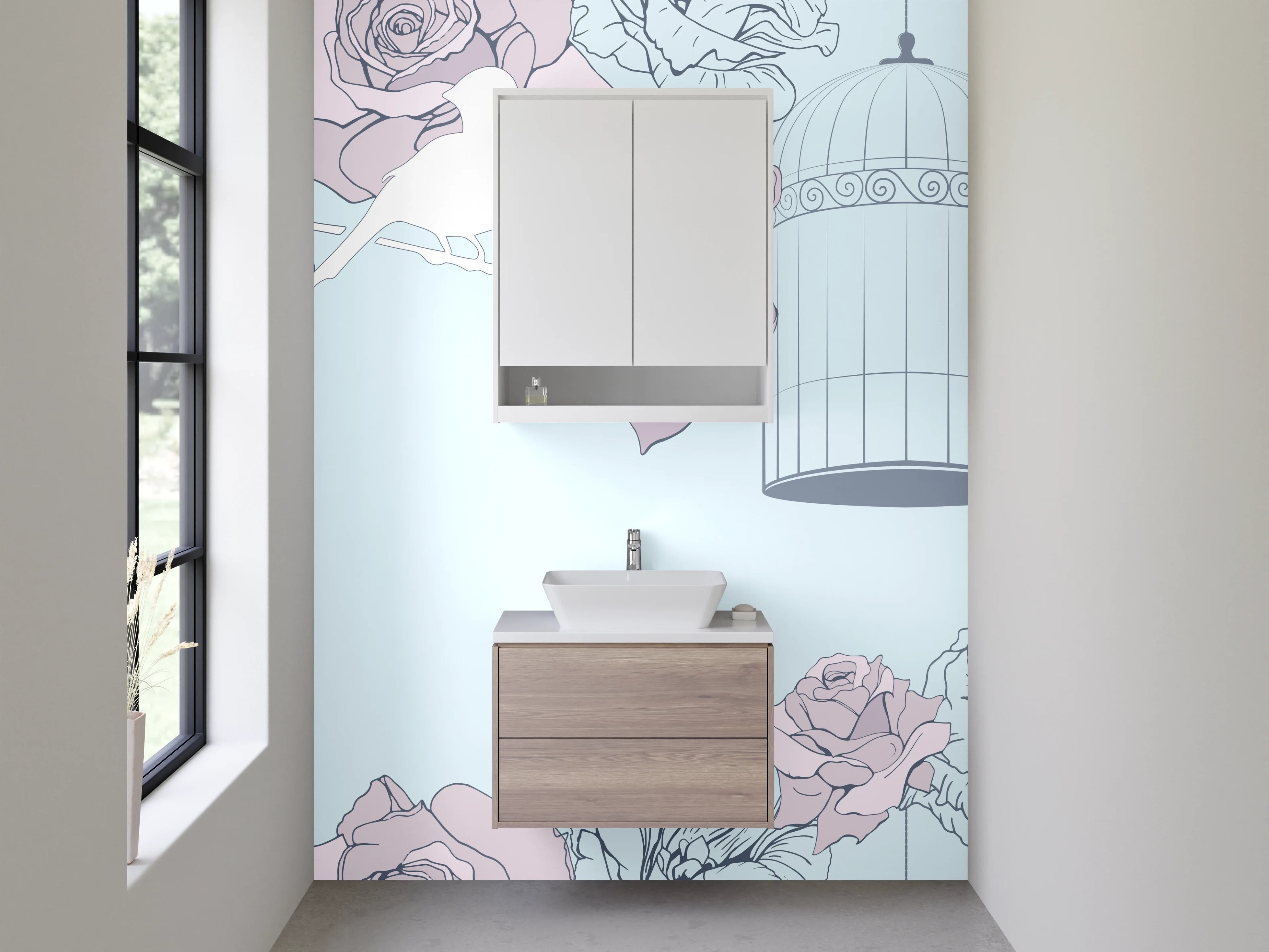 Waschbecken-Rückwand - Vogel und Rose Pastell Illustration