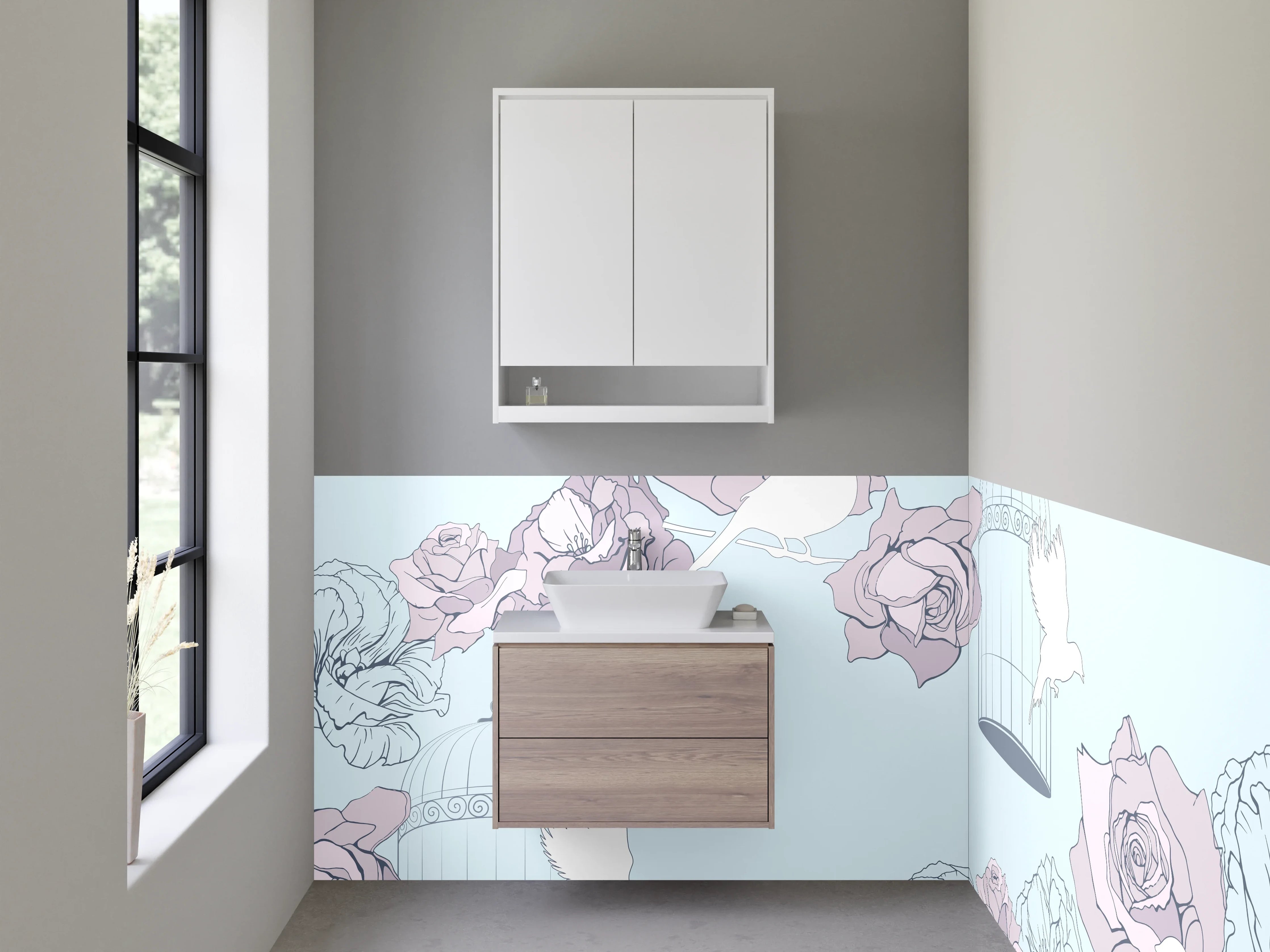 Waschbecken-Rückwand - Vogel und Rose Pastell Illustration