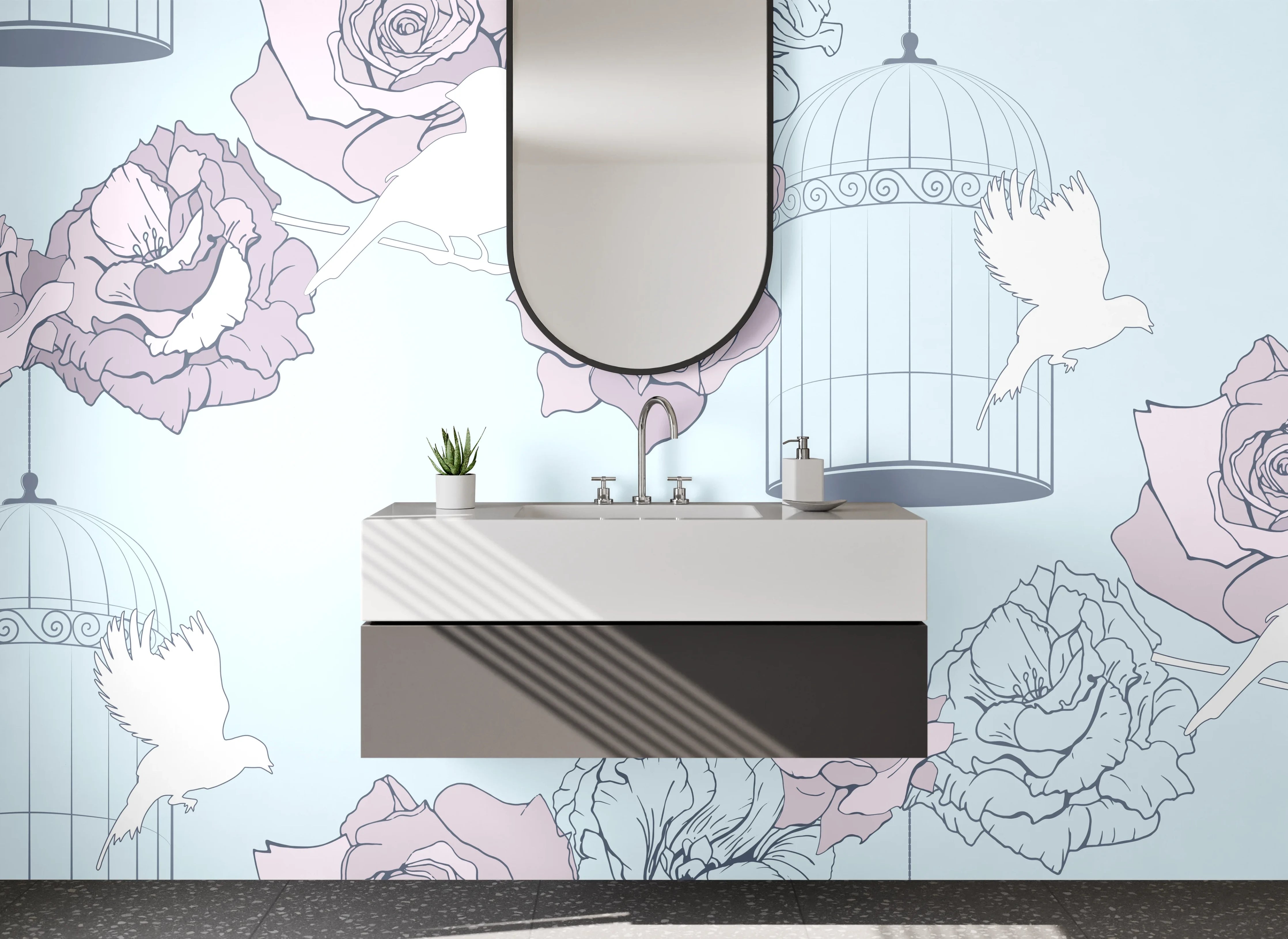 Waschbecken-Rückwand - Vogel und Rose Pastell Illustration