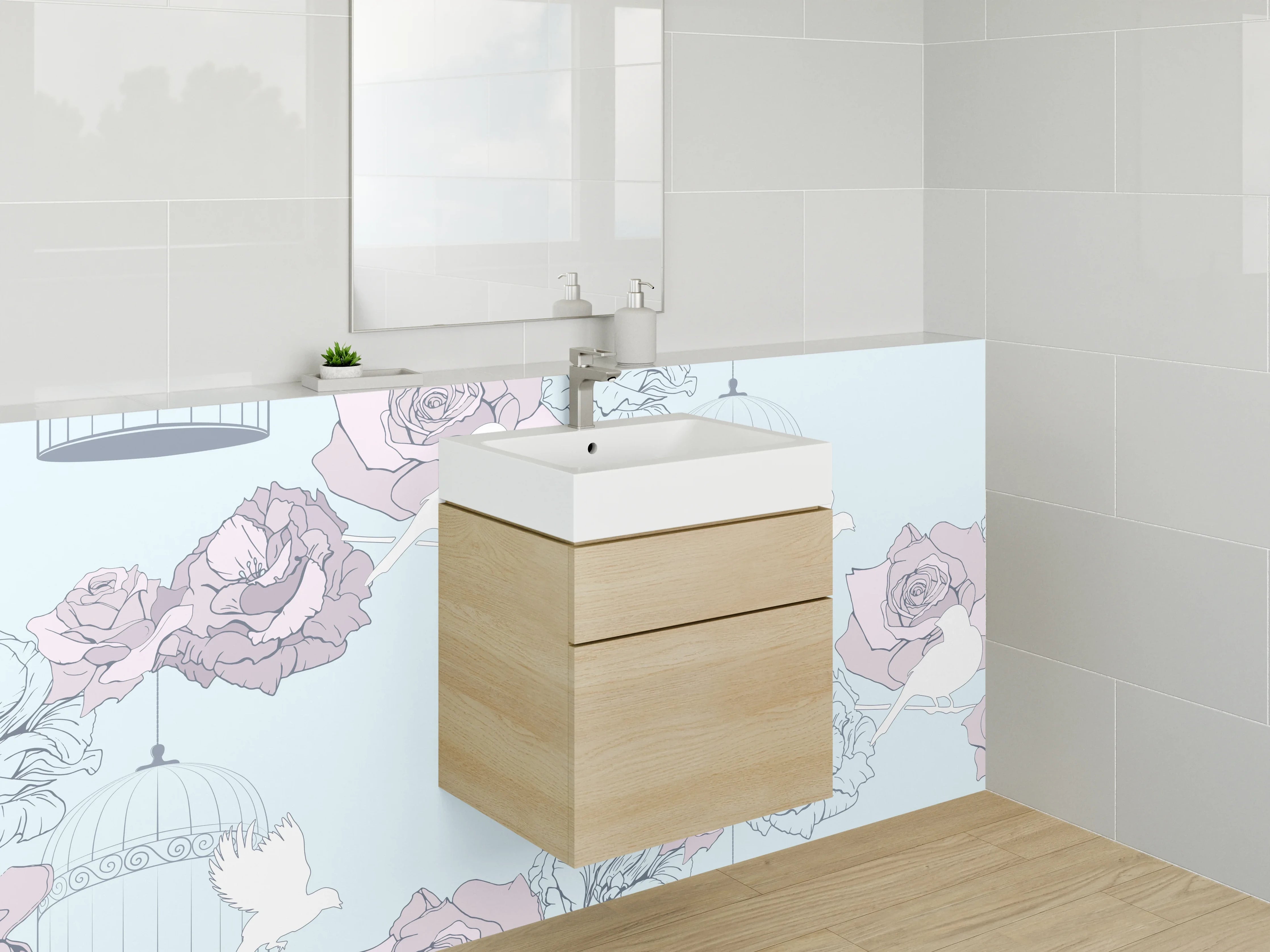 Waschbecken-Rückwand - Vogel und Rose Pastell Illustration
