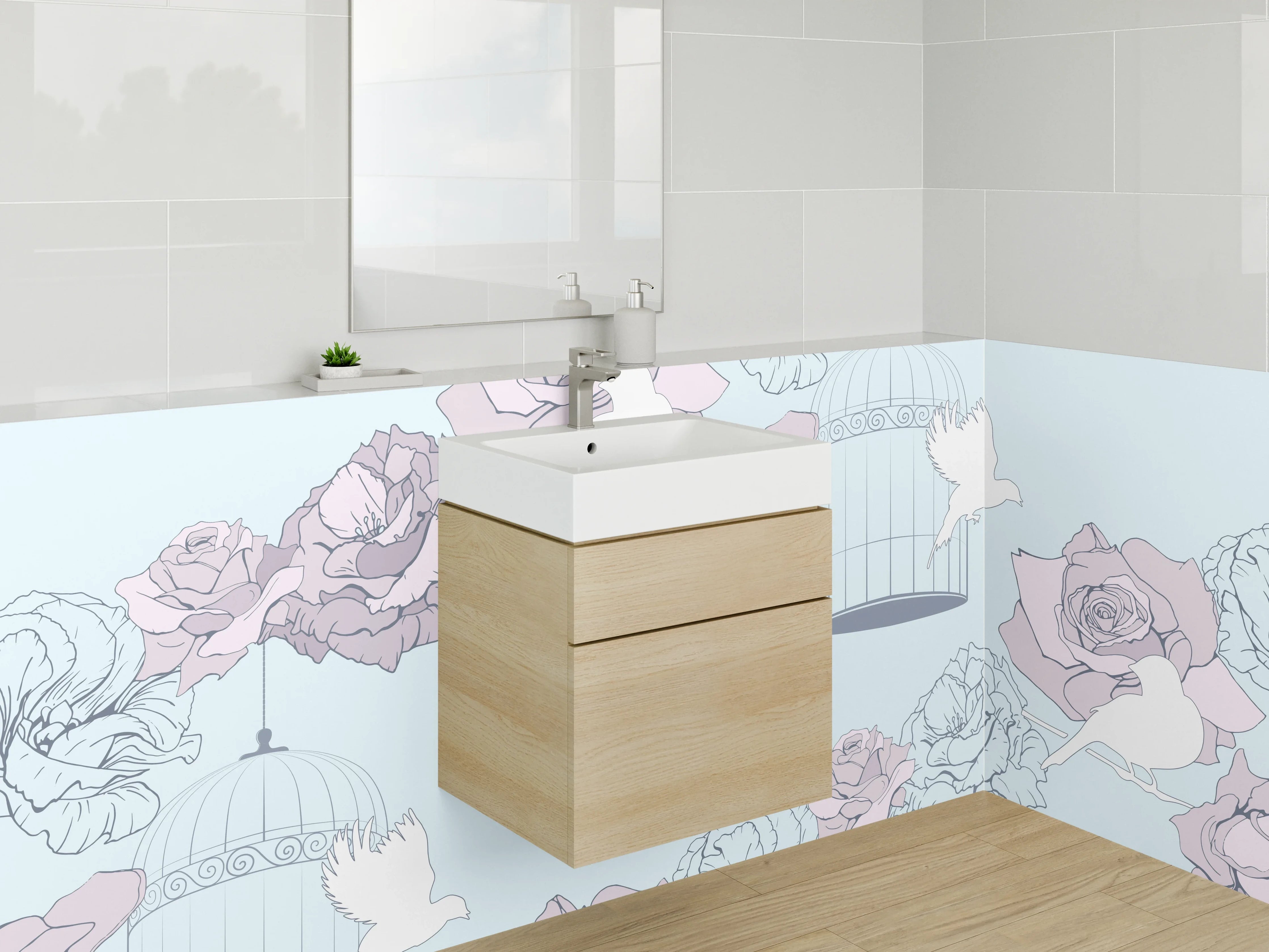 Waschbecken-Rückwand - Vogel und Rose Pastell Illustration