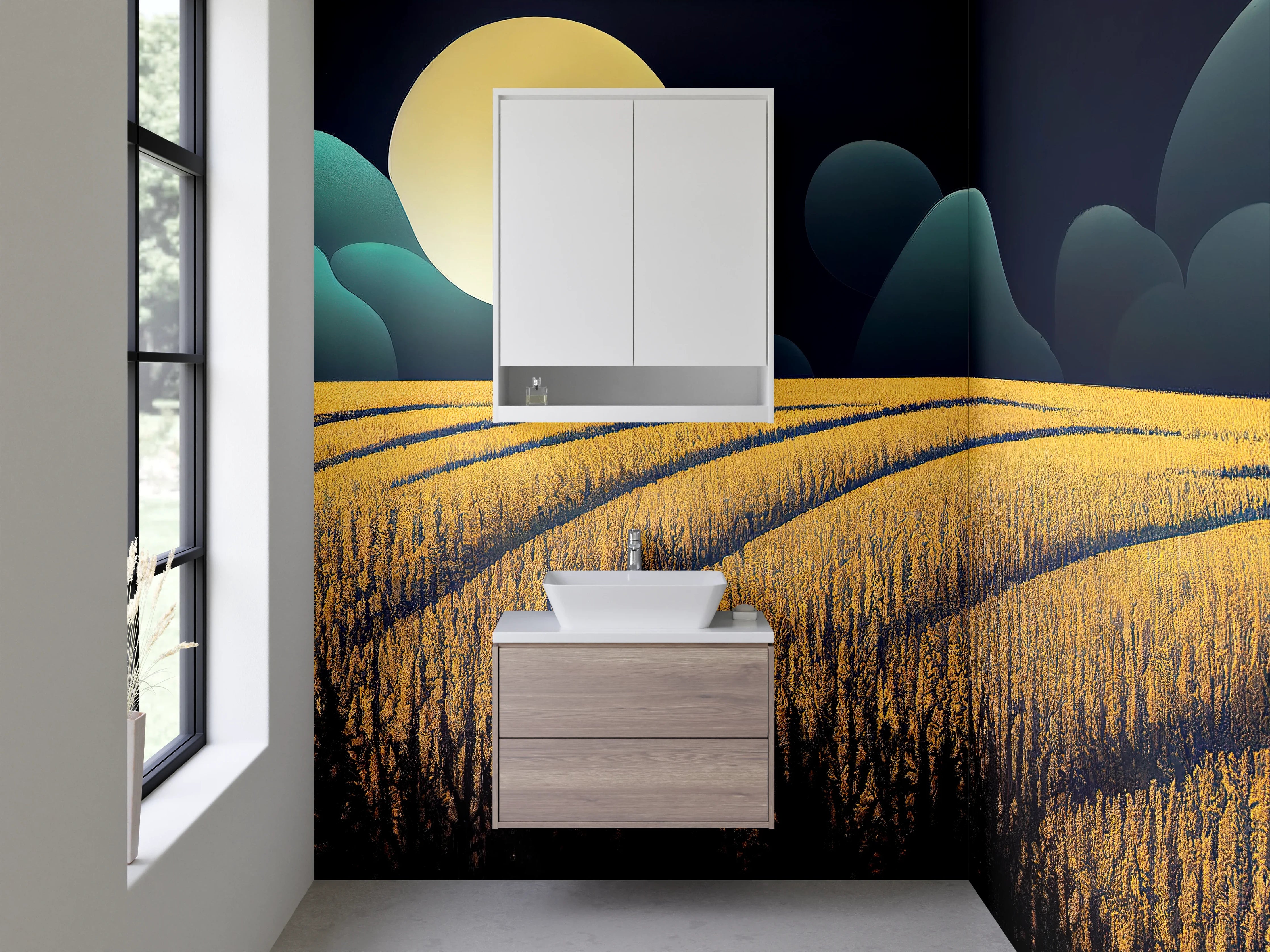 Waschbecken-Rückwand - Vollmond über goldene Felder Kunstmotiv