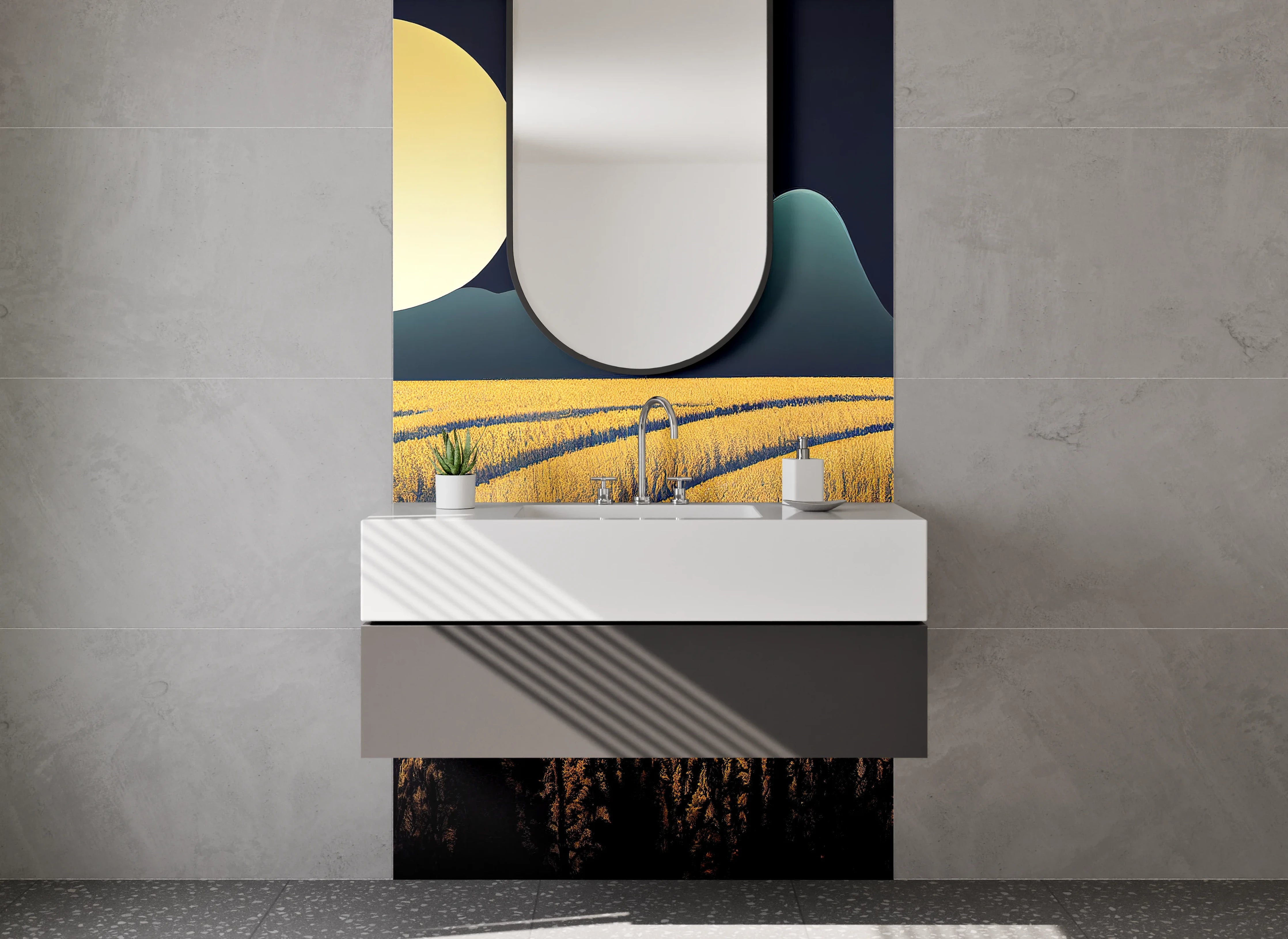 Waschbecken-Rückwand - Vollmond über goldene Felder Kunstmotiv