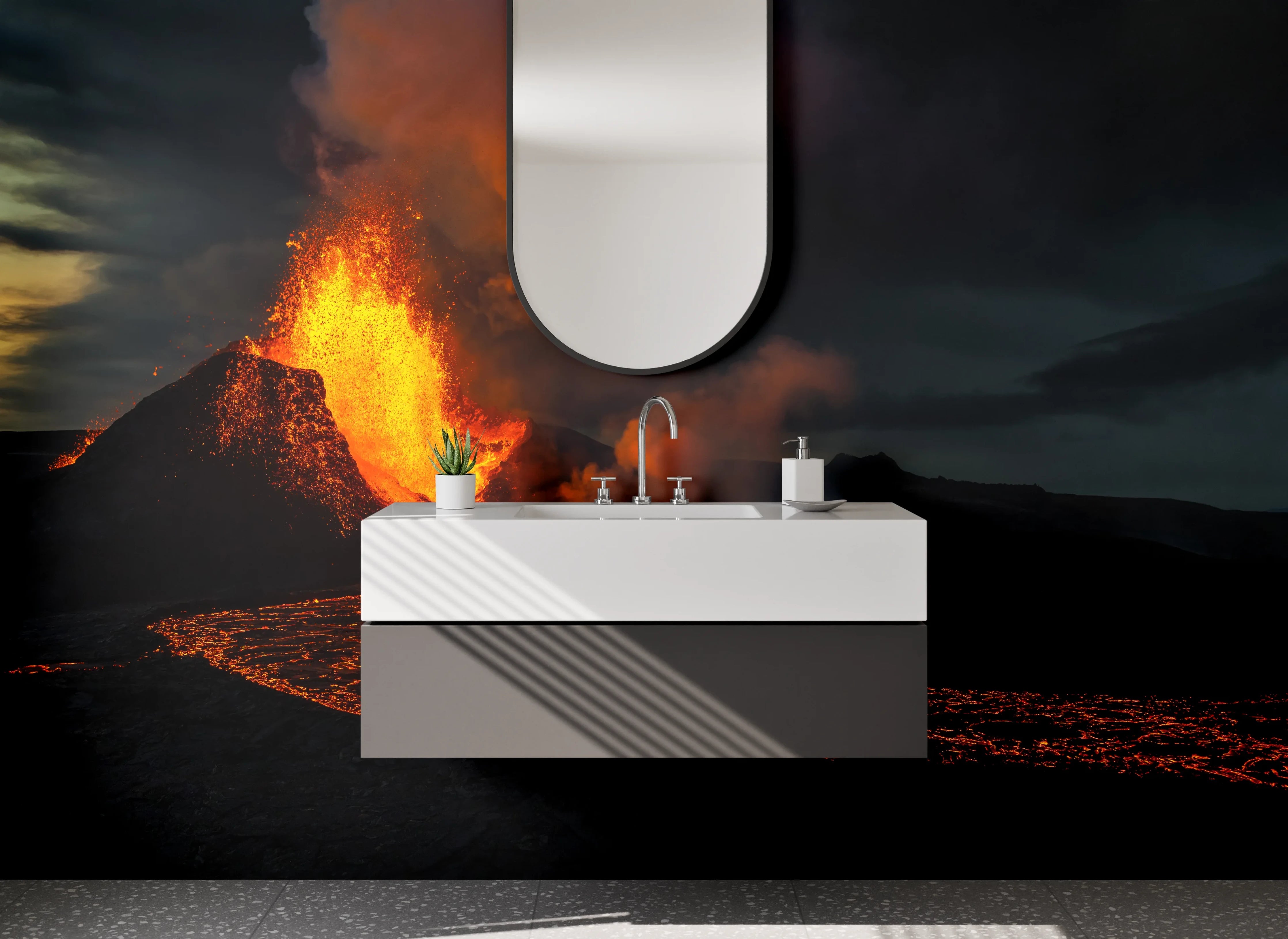 Waschbecken-Rückwand - Vulkan-Ausbruch mit fließender Lava